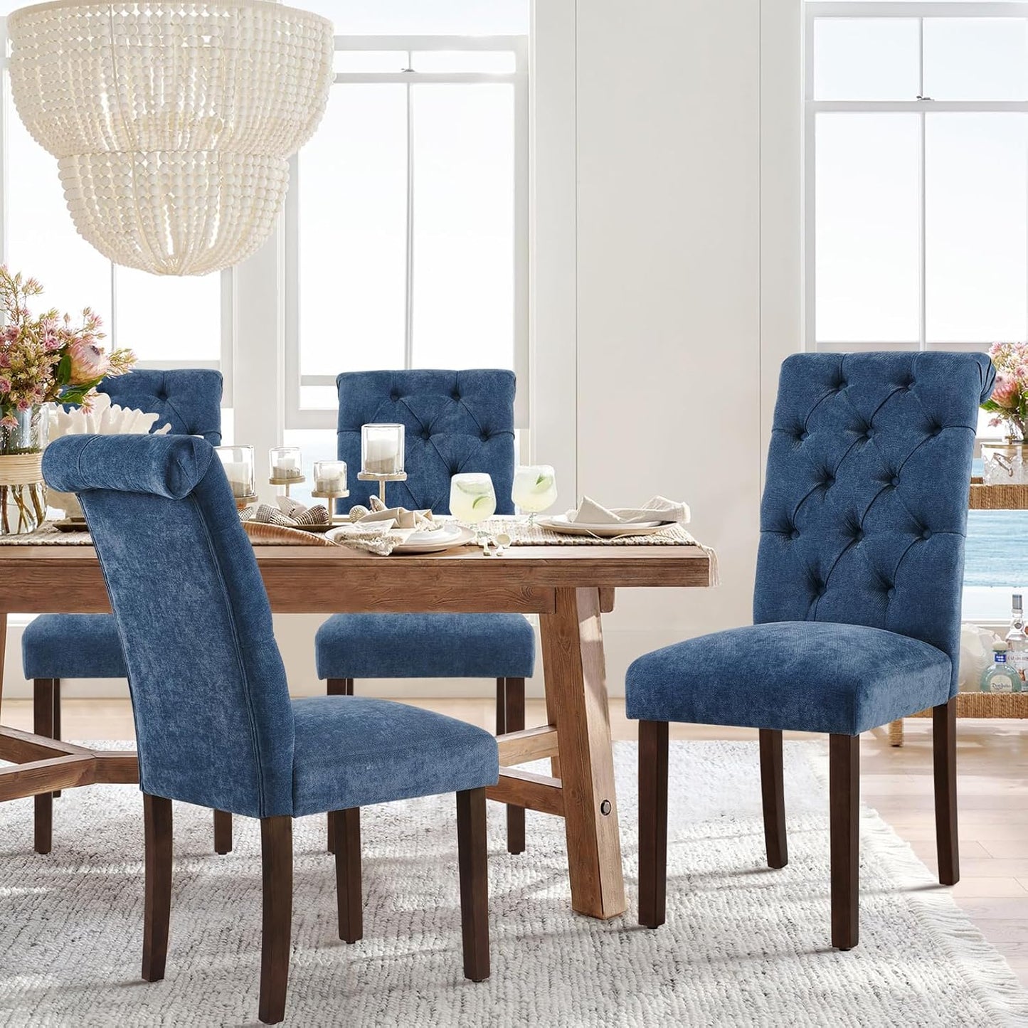 COLAMY Button Tufted Dining Chairs Set of 6, Parsons Upholstered Fabric Dining Room Chairs Kitchen Chairs with Wood Legs and Padded Seat, Blue