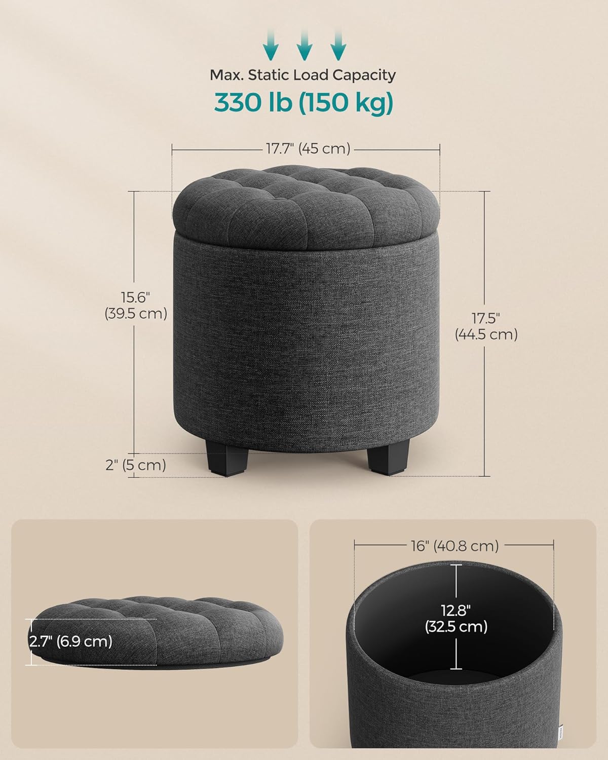 SONGMICS Round Ottoman, Ottoman with Storage, 17.7 Dia. x 17.5 H Inches Foot Rest with Legs, Load up to 330 lb, for Living Room, Bedroom, Dark Gray ULOM011G01