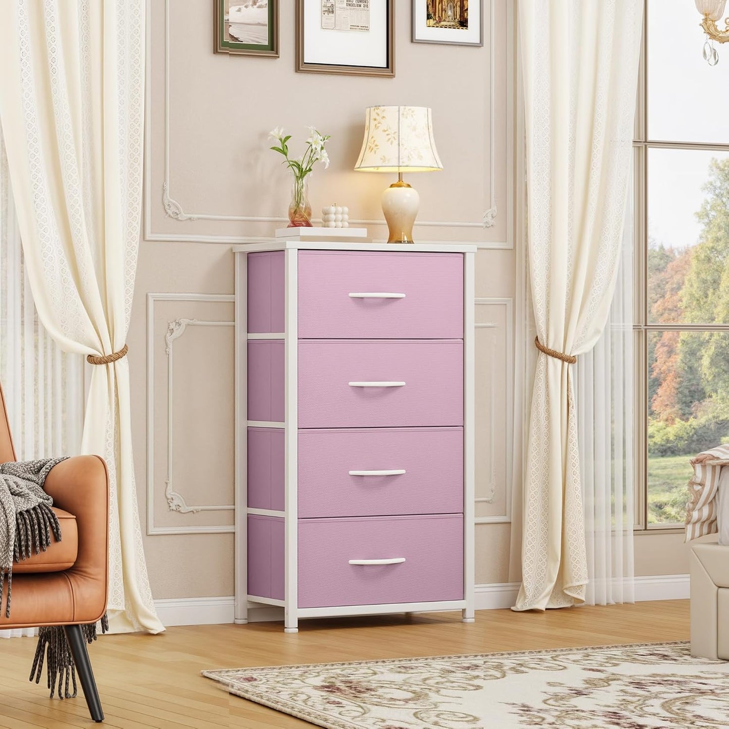 DWVO Storage Drawer with 4 Drawers - Fabric Dressers, Dresser for Bedroom, Living Room, Closets - Sturdy Steel Frame, Wooden Top & Easy Pull Fabric Bins