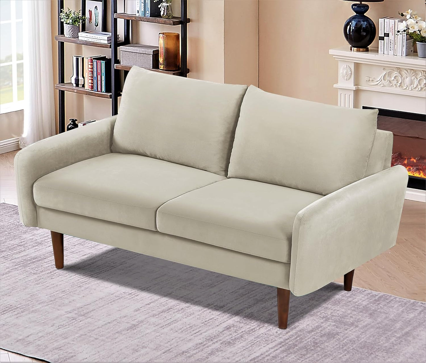 Container Furniture Direct Kent Velvet Loveseat Sofa for Modern Living Rooms and Compact Spaces, Comfy 2 Seater Couch Studio Apartment Furniture with Sleek Design, Ivory