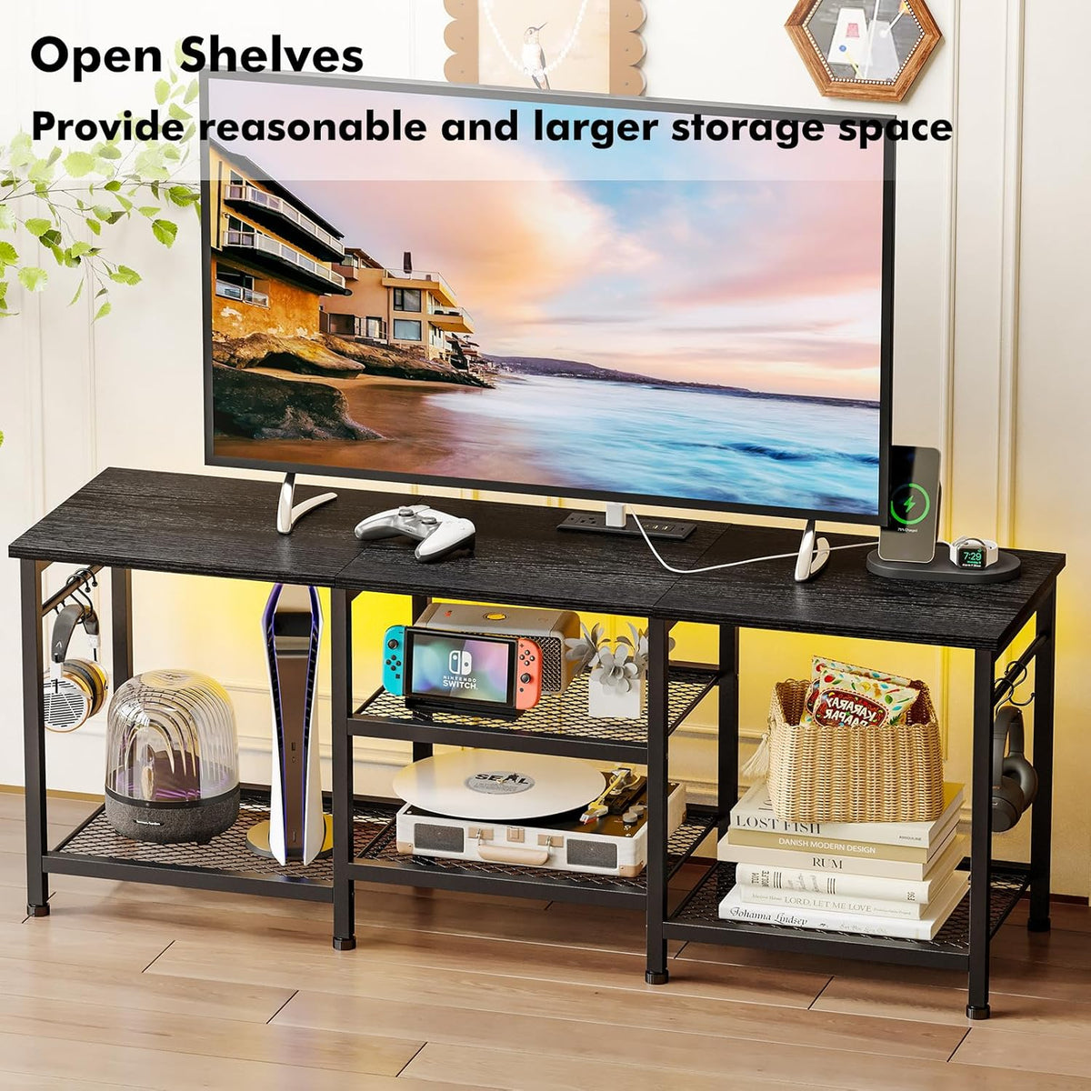 YGEOMER Black TV Stand Entertainment Center for 55 Inch TVs, with Charging Station and Lights Open Storage Shelves, TV Media Console, Open Storage Shelf with Sound Rack for Living Room, Bedroom