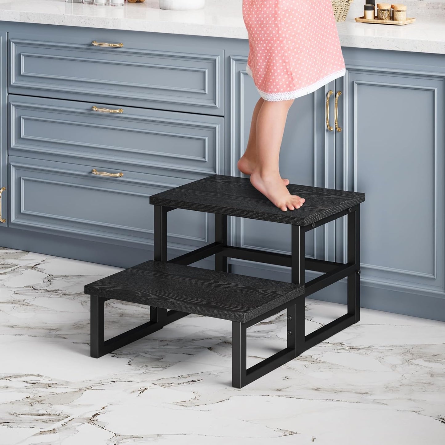 Homeiju 3 in 1 Step Stools for Adults Kids Toddler, Heavy Duty Wooden Step Stool with Non-Slip Pads, 2 Tire Step Stool for Kitchen Bathroom Bedroon Stepping Stool, Black
