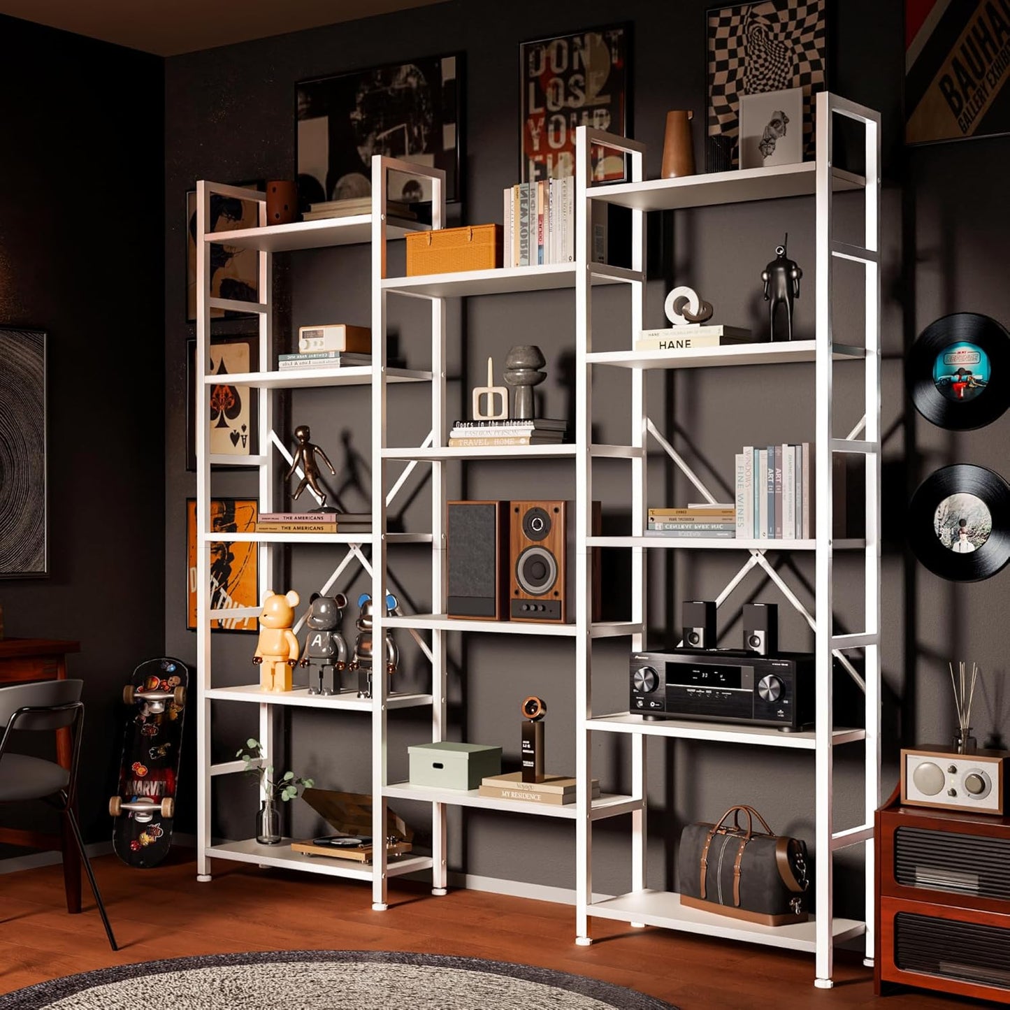 SUPERJARE Triple 5 Tier Bookshelf, Bookcase with 14 Open Display Shelves, Wide Book Shelf Book Case for Home & Office, White