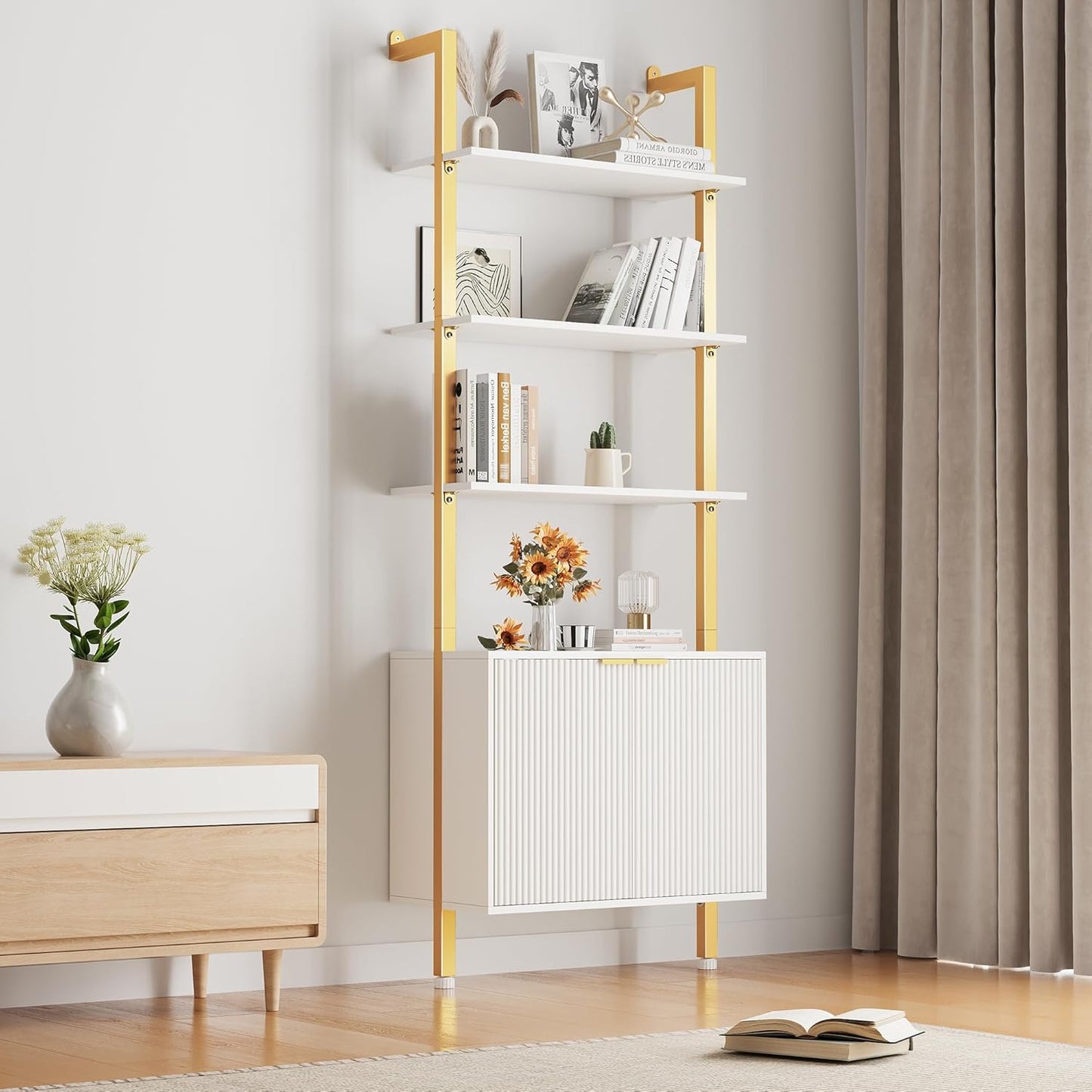 74" Tall Bookshelf with Storage Cabinet, Modern Ladder Shelf with Wood and Metal Frame, Wall Mount Bookcase Open Display Shelf Furniture for Living Room, Bedroom, Home Office, Gold