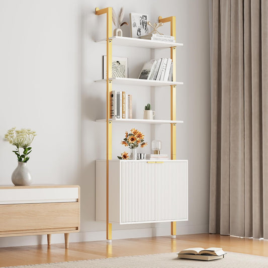 74" Tall Bookshelf with Storage Cabinet, Modern Ladder Shelf with Wood and Metal Frame, Wall Mount Bookcase Open Display Shelf Furniture for Living Room, Bedroom, Home Office, Gold