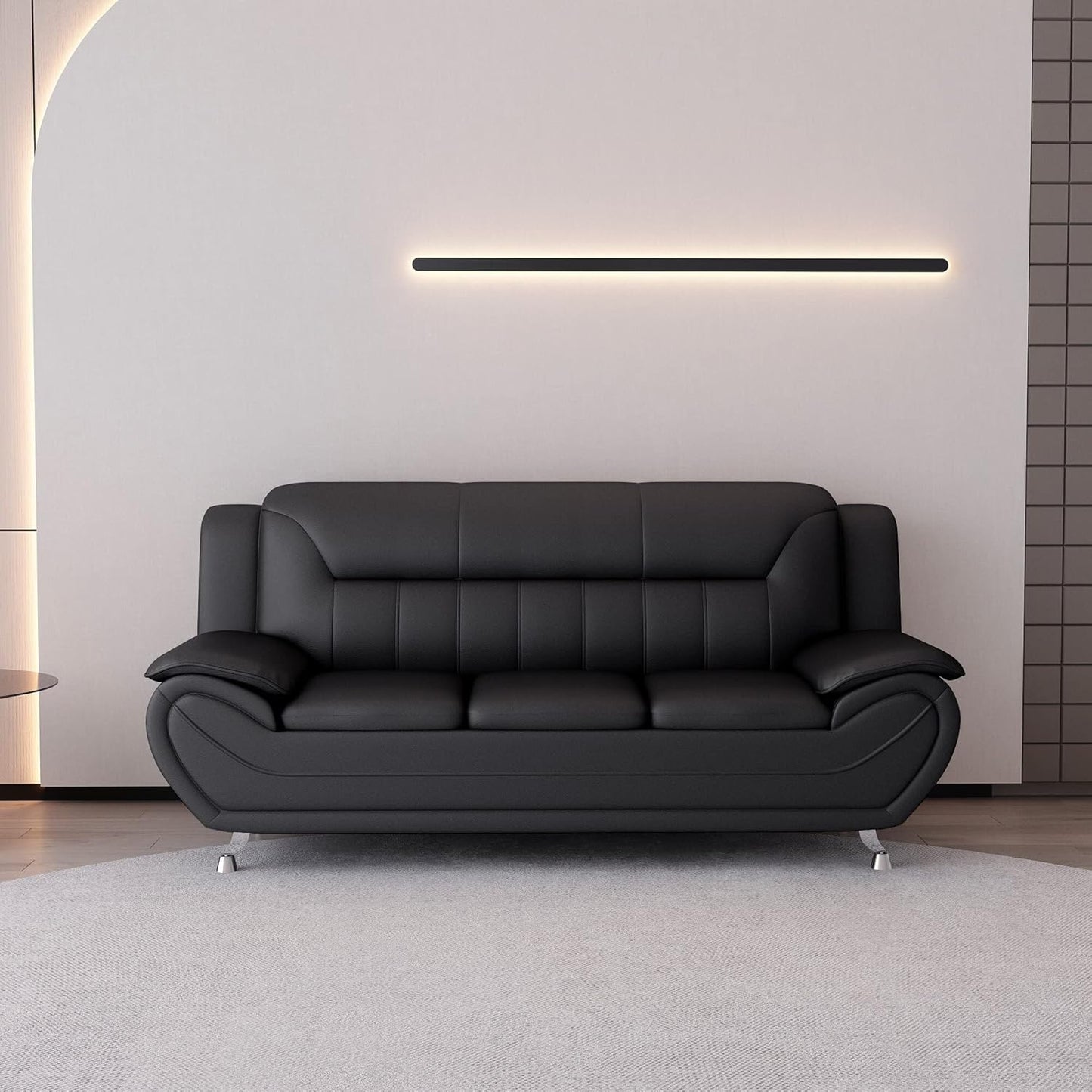 Container Furniture Direct Michael Modern Faux Leather Upholstered Stainless Steel Legs Living Room, Chair, Loveseat, Sofa, Black