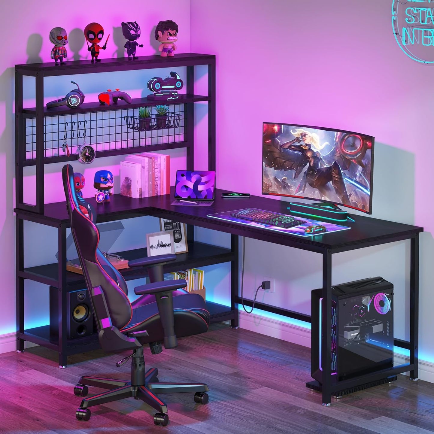 Tribesigns 55" Large Computer Desk with Wireless Charging 5 Storage Shelves, Office Desk Study Table Writing Desk Workstation with Hutch Bookshelf for Home Office (All Black)