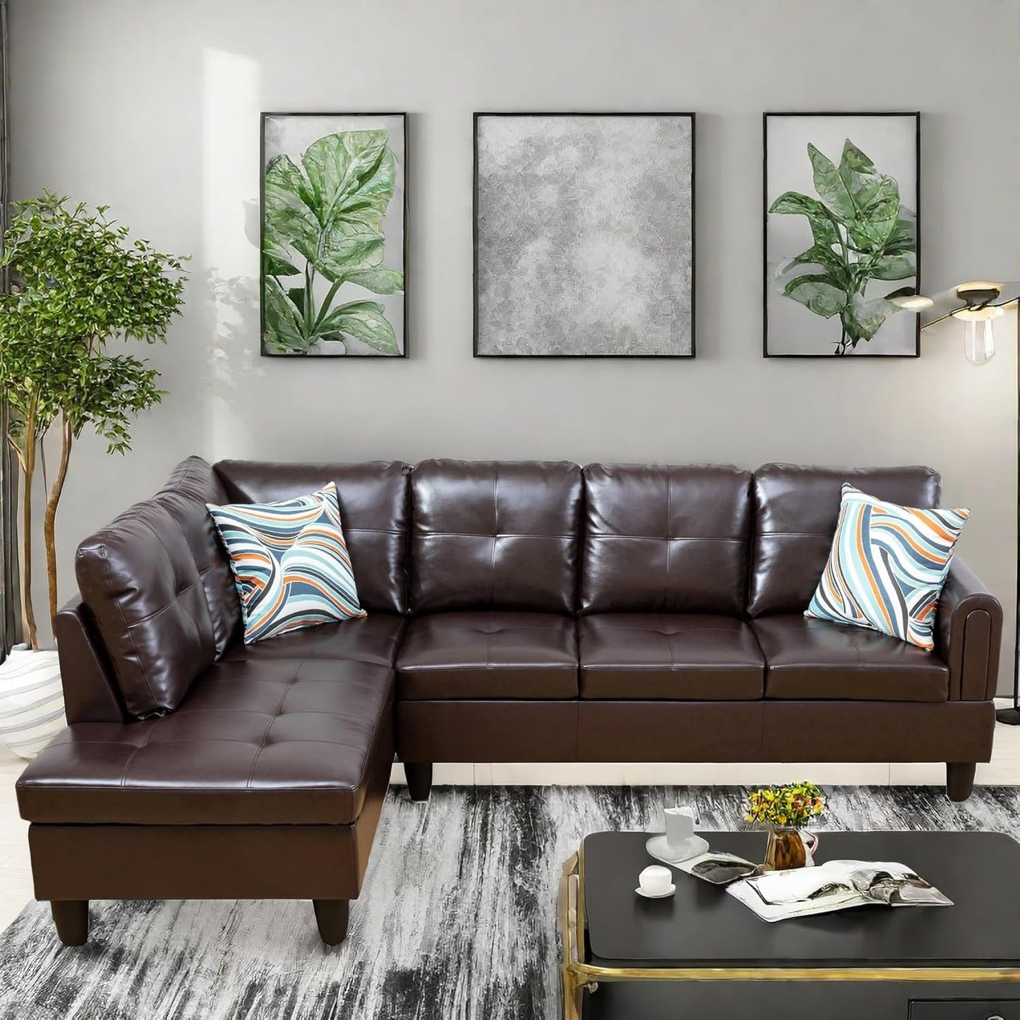 Convertible Leather Sectional Couch, Modern L Shaped Couch with Storage, Large Modular 5-Seat Sectional Sofa with Ottomans for Living Room and Office, Brown