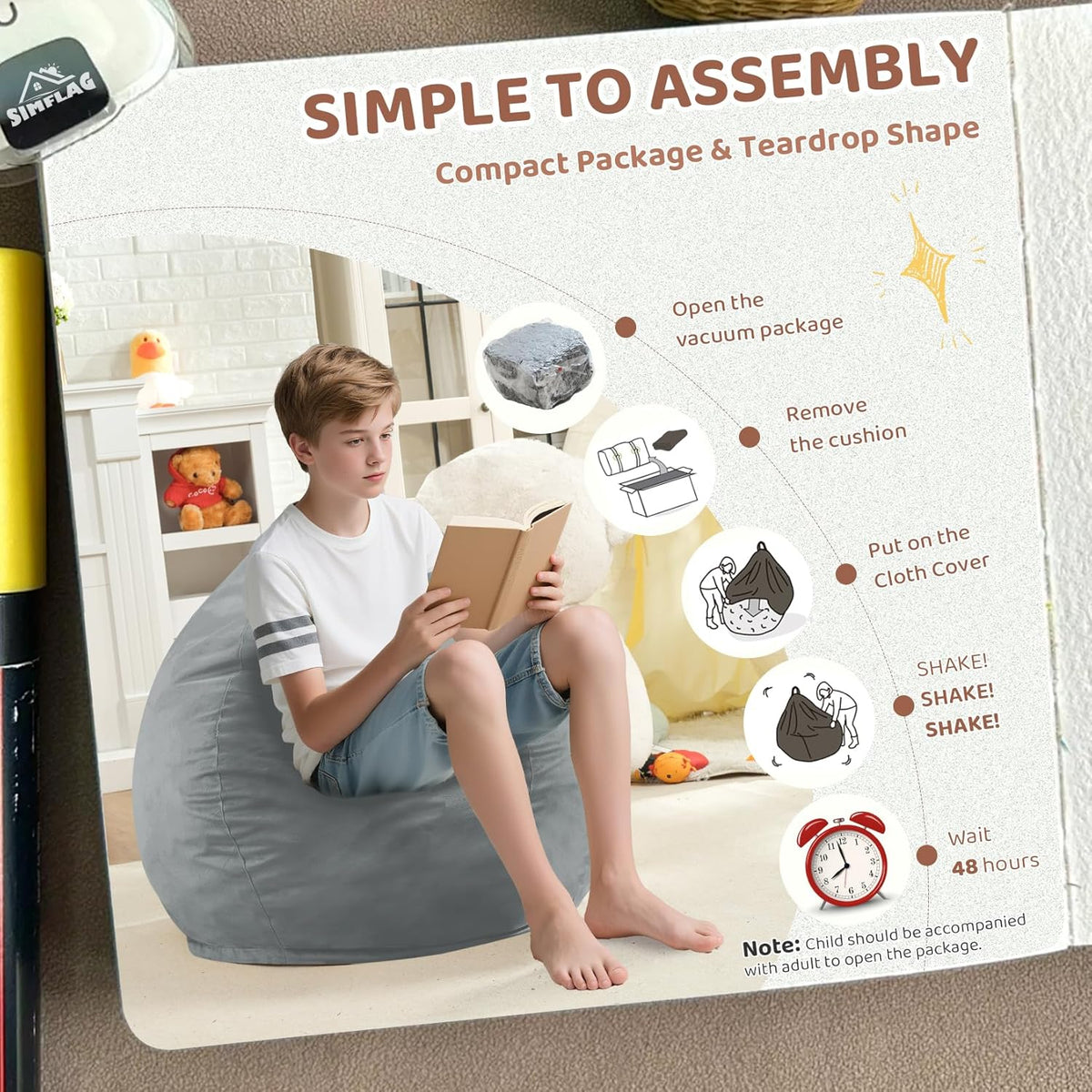 2FT Bean Bag Chair, Comfy Bean Bag Chairs with Memory Foam Filled, Fluffy Beanbag Sofa with Dutch Velvet Cover, Teardrop BeanBag Chairs for Living Room, Playroom - Light Grey