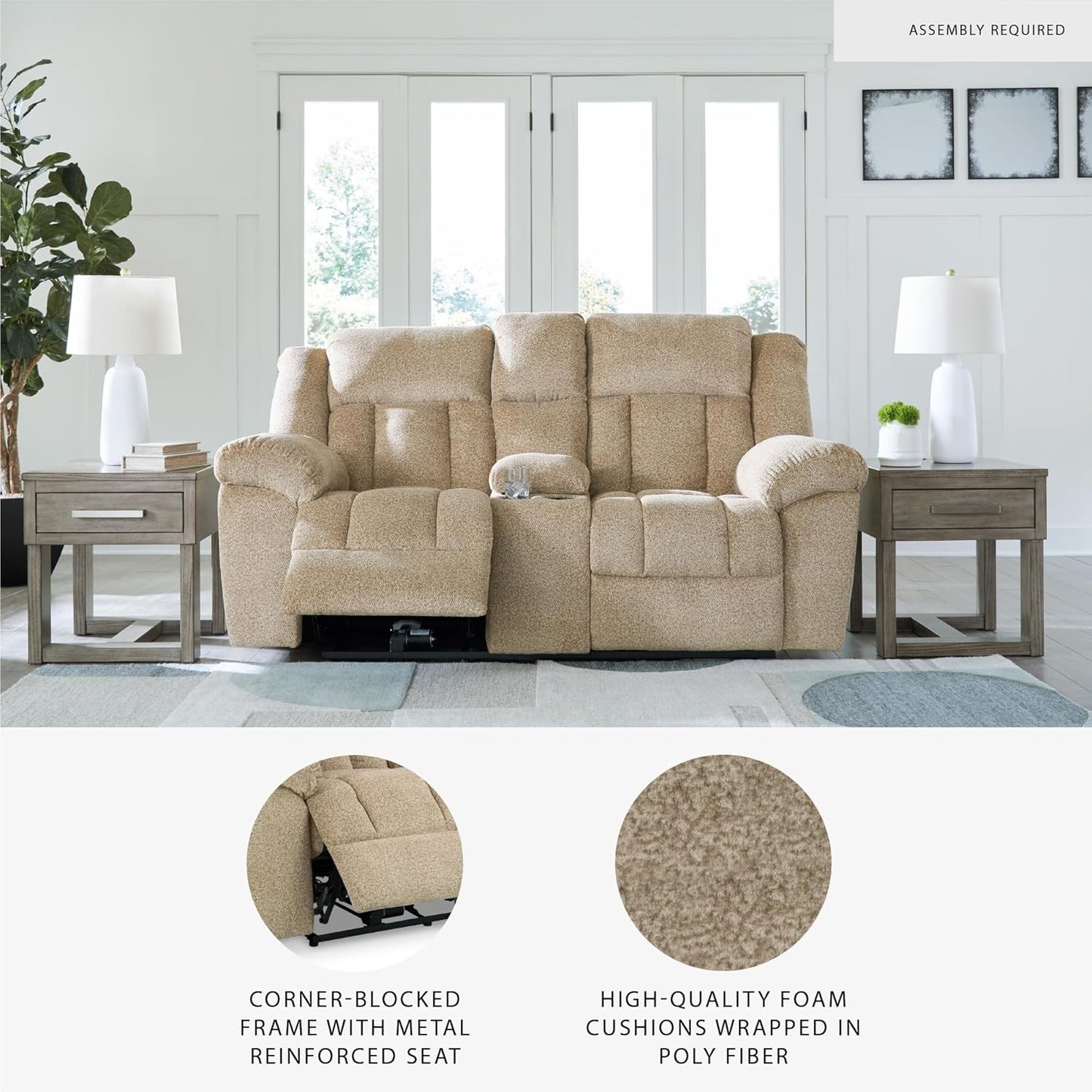 Signature Design by Ashley Tip-Off Classic Wall Hugger Power Reclining Loveseat with Adjustable Headrest, USB Ports, Storage and Cup Holders, Light Brown