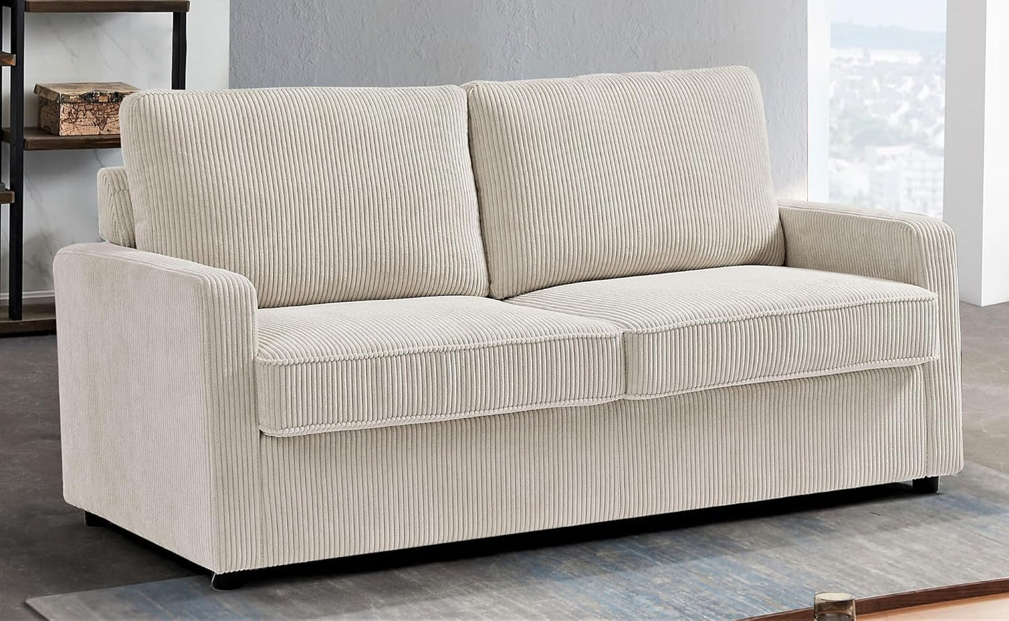 Reversible Sleeper Sofa Bed with Comfortable Memory Foam Mattress, Convertible Corduroy Full Size Pull Out Couch for Living Room, Space Saving Furniture, 70" Wide, Rectangular Arms, Ivory