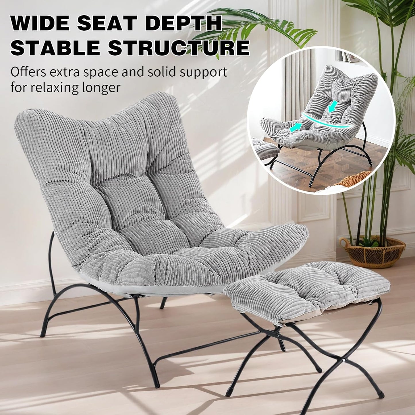 Welnow Accent Lounge Lazy Chair, Comfy Soft Leisure Metal Frame Reading Chair, Upholstered Thick Cushion Seated Recliner Sofa for Living Room, Bedroom, Dorm, Light Grey