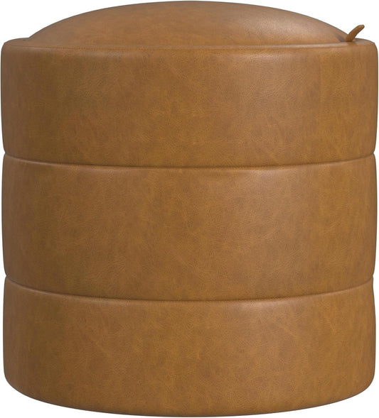 HomePop Storage Round Ottoman with Removable Lid Home Décor|Upholstered Round Velvet Foot Rest Ottoman - Carmel Faux Leather