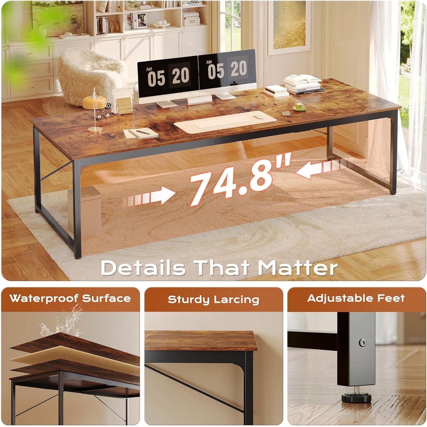 PRAISUN 78.7 X 29.5 Inch Computer Desk with Deeper Desktop, Long Gaming Office Writing Work Desk for Home Office, Study, Bedroom, Work from Home, Metal Frame, Rustic Brown