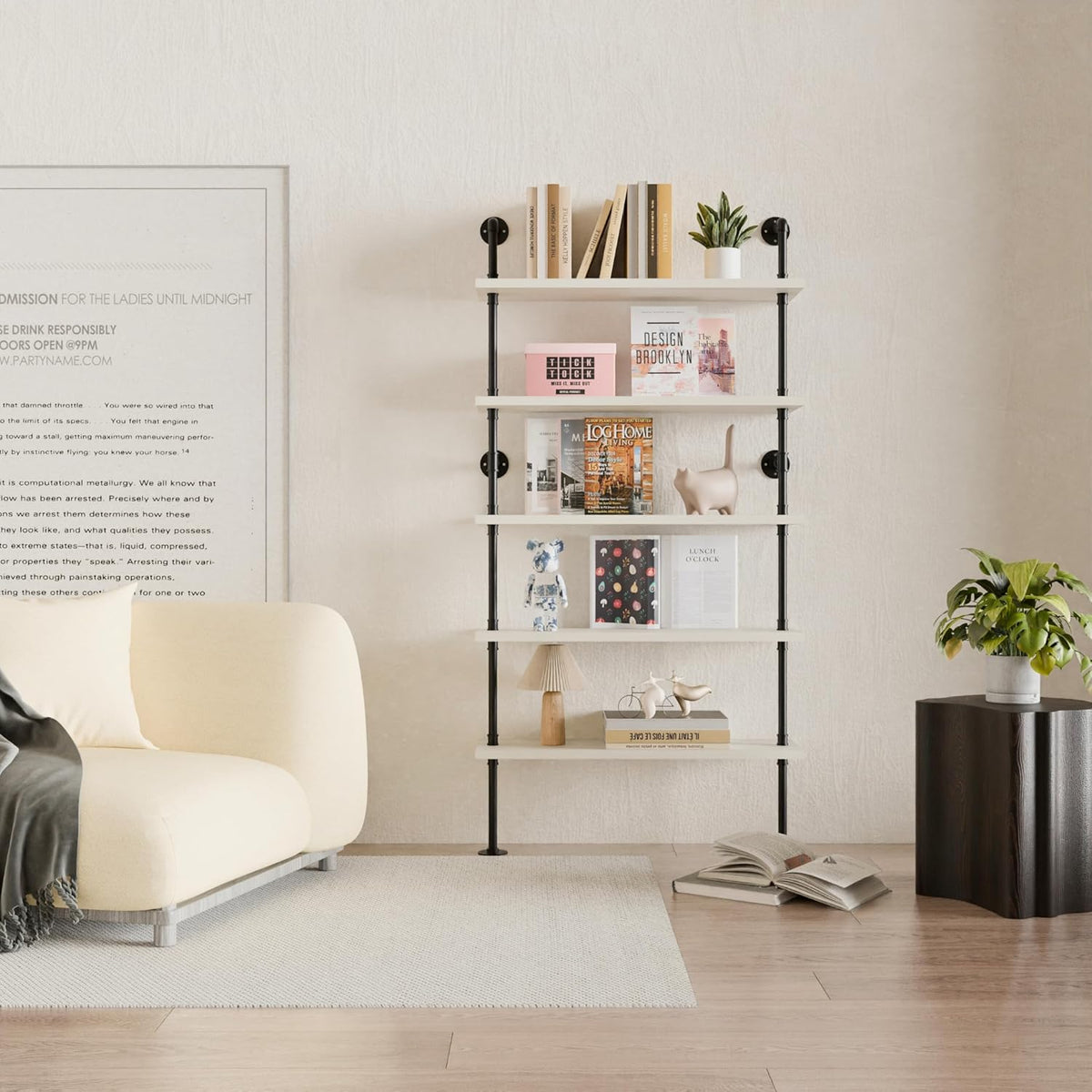 Ladder Pipe Shelves, Wall Mounted Industrial Shelves for Living Room Storage (White, 5 Tier - 10" D x 36" W x 70" H)