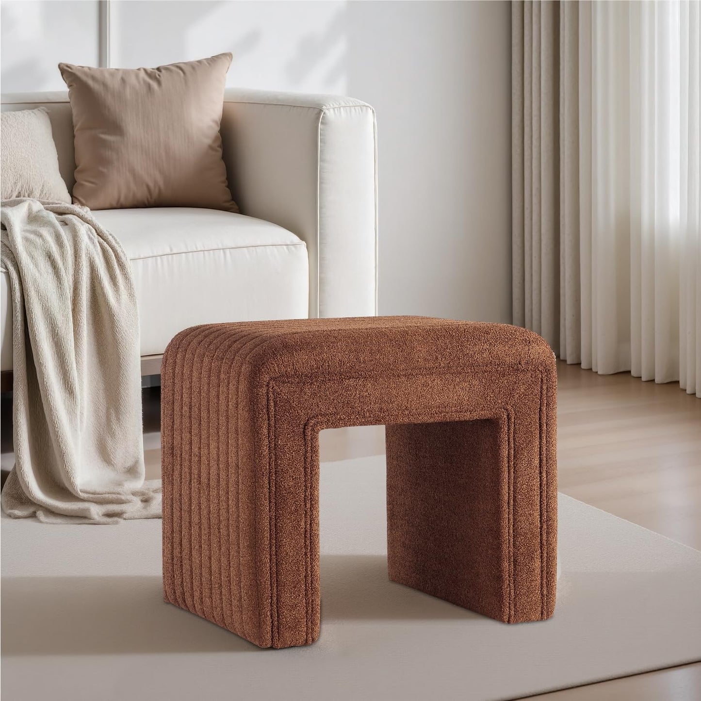 Get Set Style Vanity Stool Chair,Modern Wool Ottoman Foot Stool with Wooden Legs for Sofa Ottoman Bench Footstool Extra Seat for Vanity,Makeup Room,Living Room,Entryway(Fully Assembled)