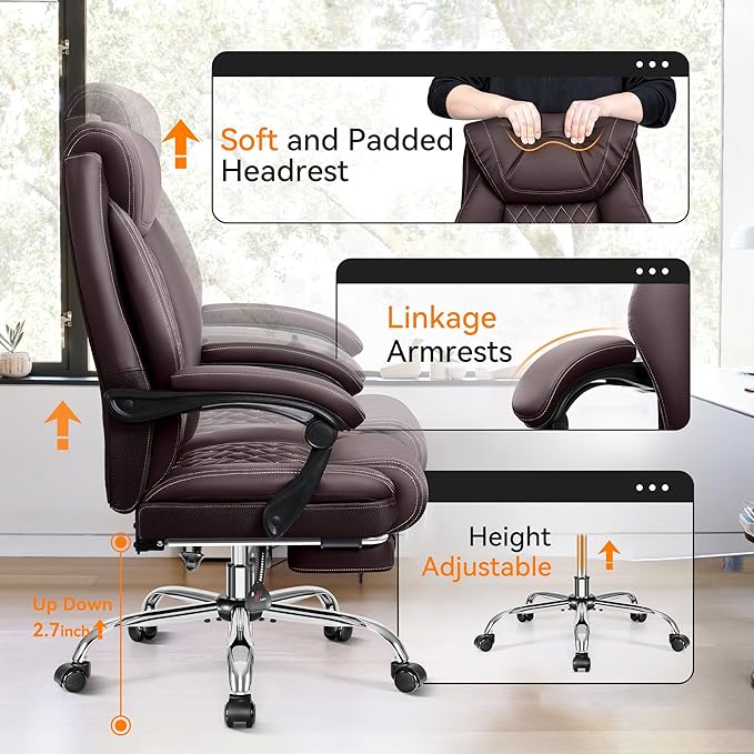 Office Chair, Executive Leather Chair Adjustable High Back, Ergonomic Computer Desk Chair Lumbar Support, Big and Tall Office Chair with Footrest, Comfy Reclining Chair for Home Office