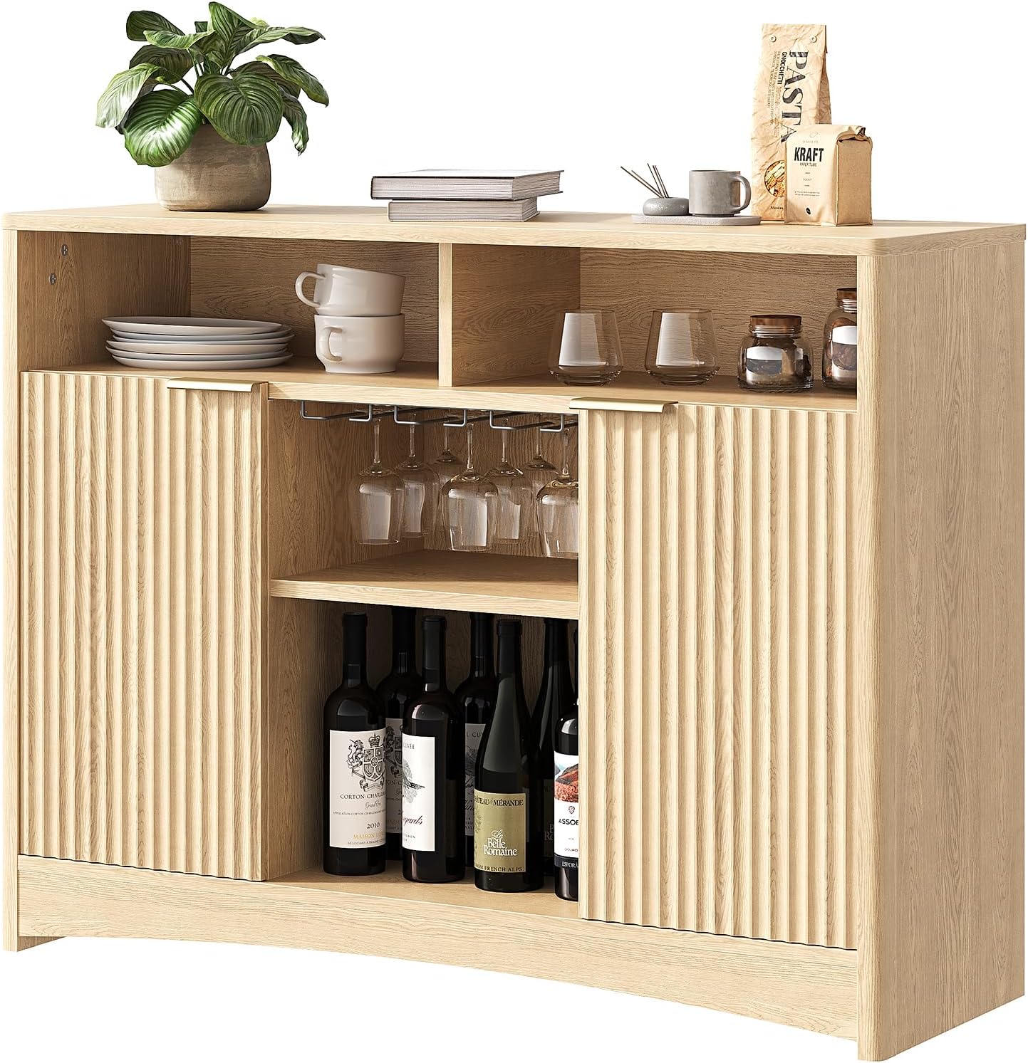 Marsail 47.2" Bar Cabinets with Storage, Modern Buffet Cabinet, Large Sideboard with 2 Fluted Panel Doors, Coffee Bar Cabinet with Adjustable Shelf and Glass Rack for Kitchen, Living Room, Natural Oak