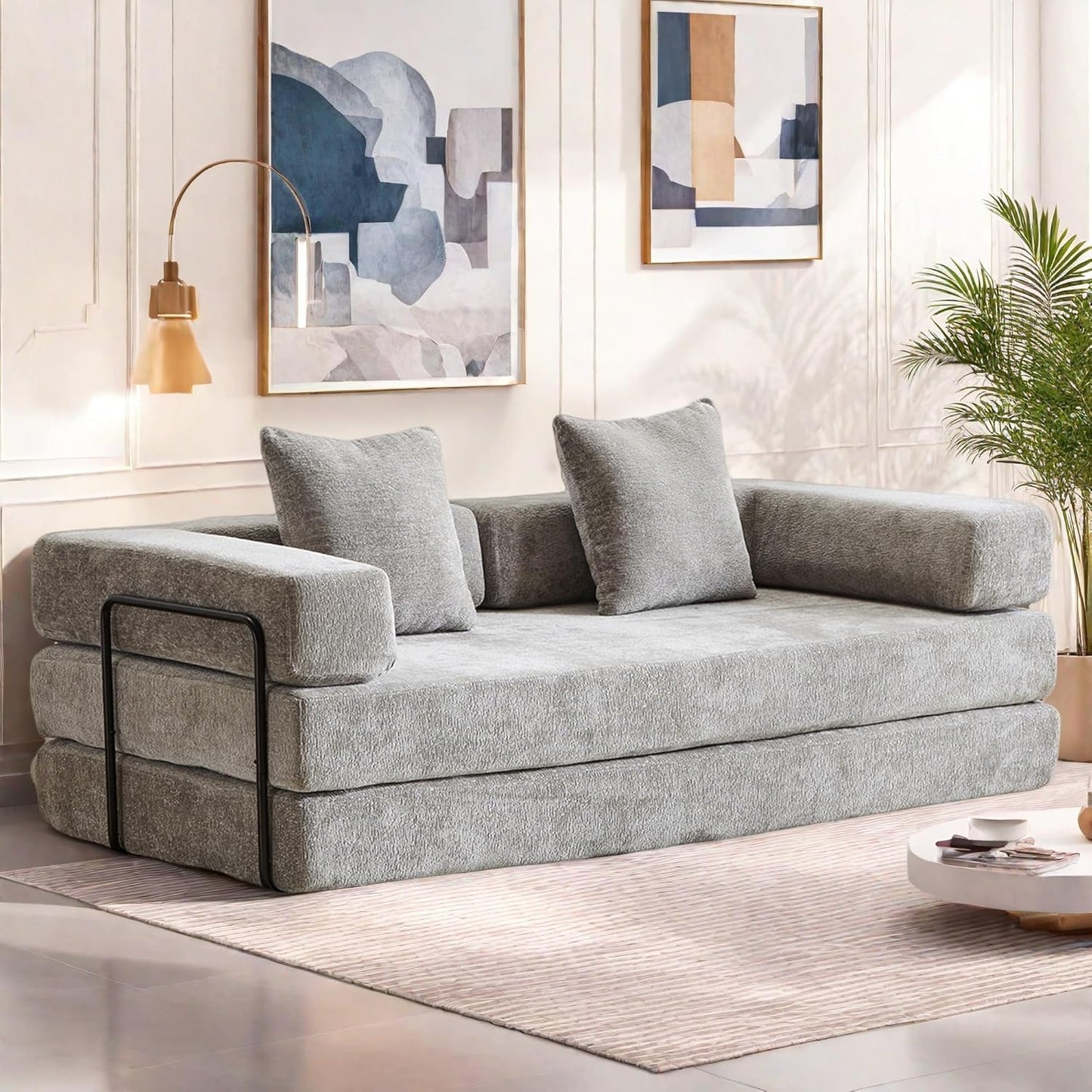 Convertible Sofa Bed, Compression Futon Sofa with Pillows & Armrest, Foldable Mattress Couch with Fixed-Shape Frame, Comfy Couch Lounge Sleeper Bed for Living Room Bedroom, Light Gray