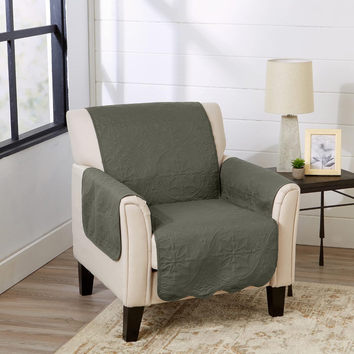 Great Bay Home Medallion Stitched Solid Furniture Protector Stain Resistant Durable Furniture Protector Elenor Collection (Chair, Sage Green/Light Gray)