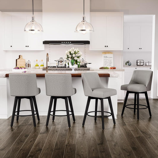 Counter Height Swivel Bar Stools Set of 4, 26 Inch Bar Stools with Footrest, Linen Fabric Upholstered Barstools with Back and Solid Wood Legs for Kitchen Island, Dining Room,Pub,Light Grey
