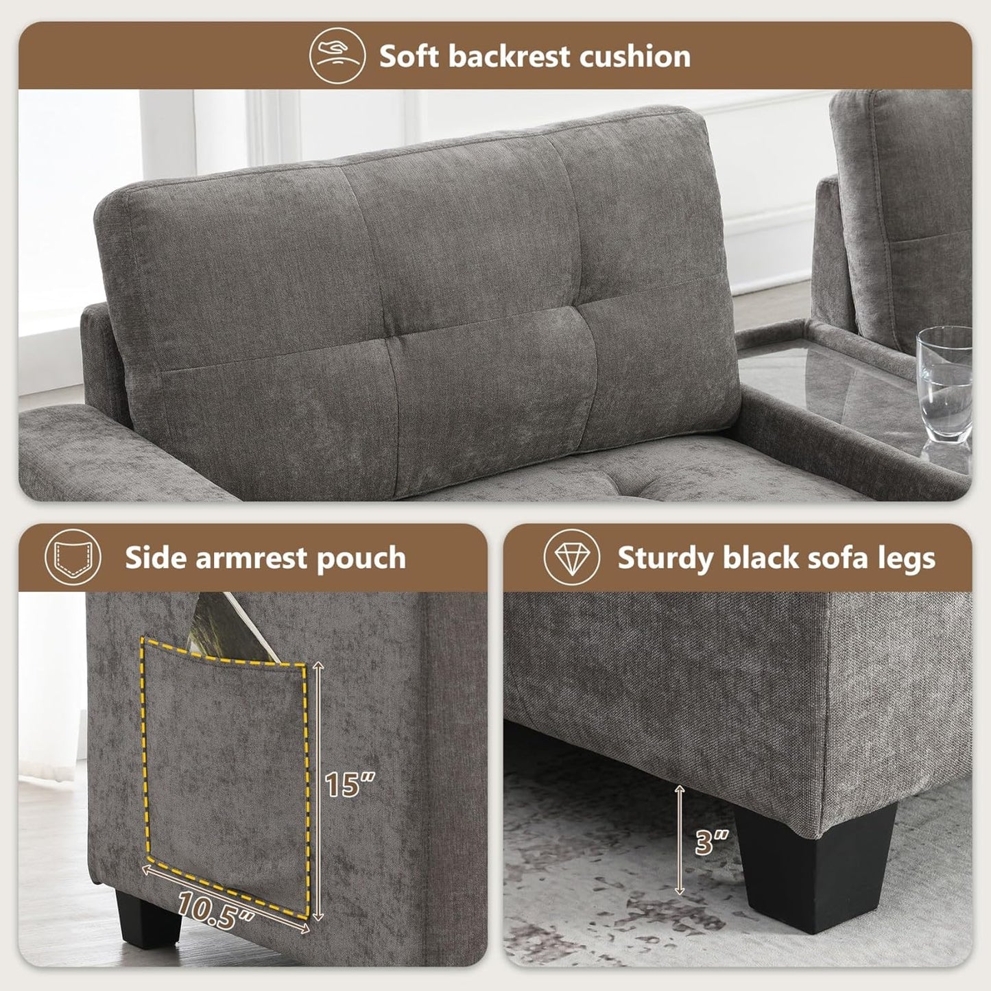 Merax 6 Seater Chenille Sectional Couches with 2 Acrylic Table Top Consoles, Upholstered Modular Tufted Sofa Chaise with Ottoman, Storage Drawers, Pockets, USB Charger & Cup Holders for Living Room