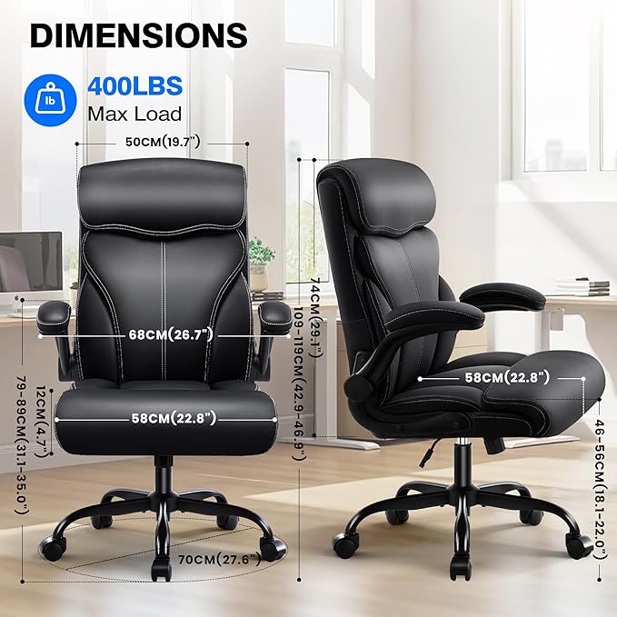 Office Chair - Executive High Back Breathable Comfy Desk Chair with Lumbar Support - Ergonomic Leather Rolling Swivel Computer Chair with Rock Function for Working Studying Gaming Relaxing