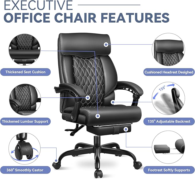 Office Chair, Big and Tall Office Desk Chair, Reclining Office Chair with Footrest Home Office Desk Chairs, High Back Ergonomic with Lumbar Support, Executive Leather