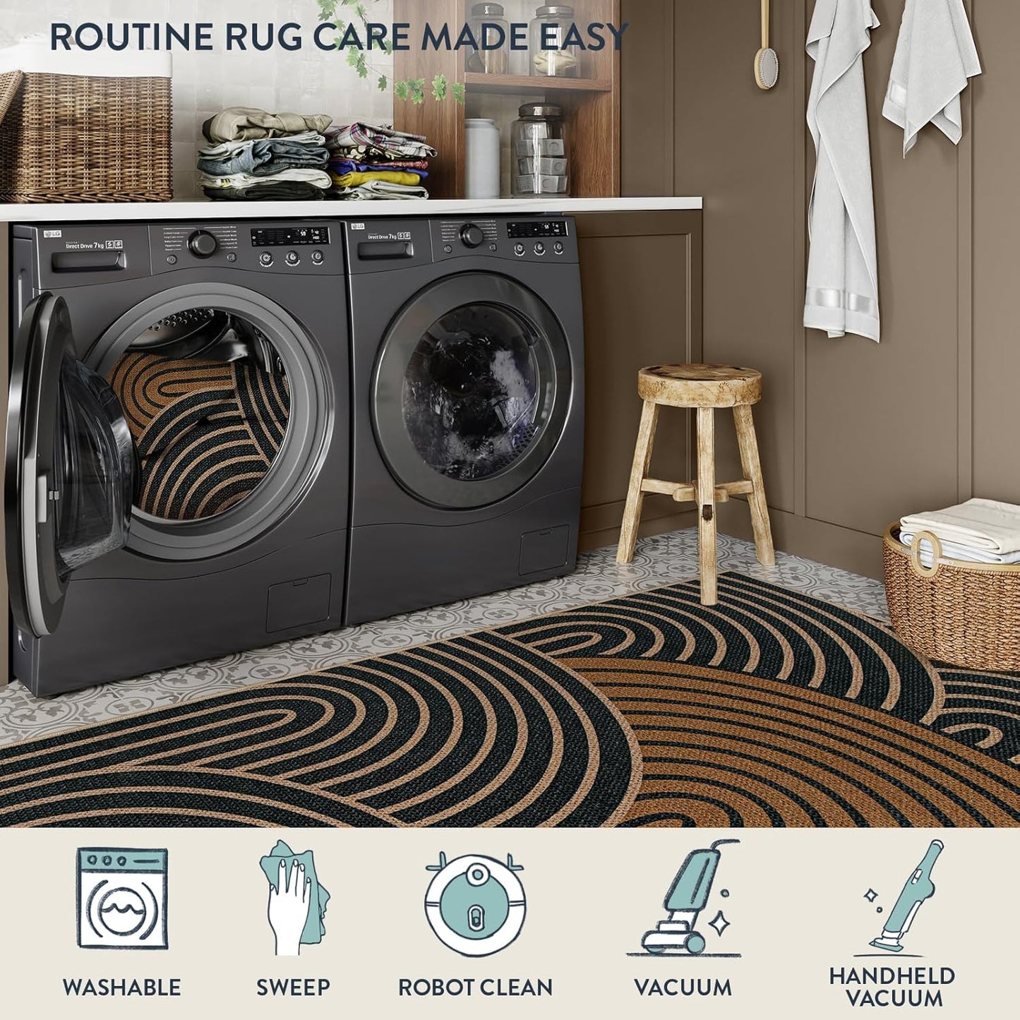 Lahome Modern Rainbow Easy Jute Carpet, Washable Rugs 5x7 for Living Room Black Farmhouse Dining Room Rug, Contemporary Natural Throw Mat Non Slip Floor Carpet for Office RV Patio