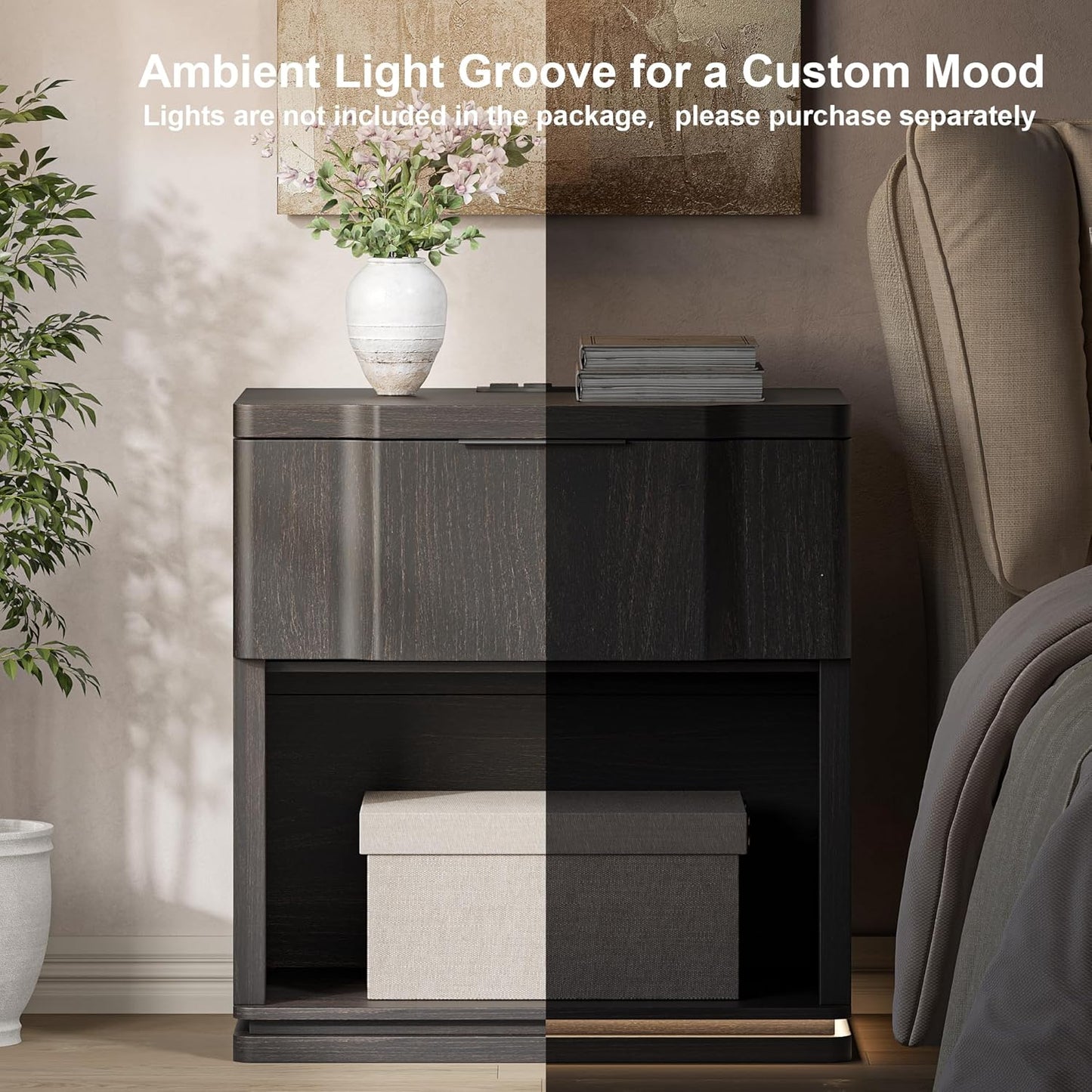 Nightstand with Charging Station, Wooden Curved Night Stand Bedside Tables with Storage Shelf & Drawer, Large Mid Century Modern Accent End Table for Bedroom Living Room Office