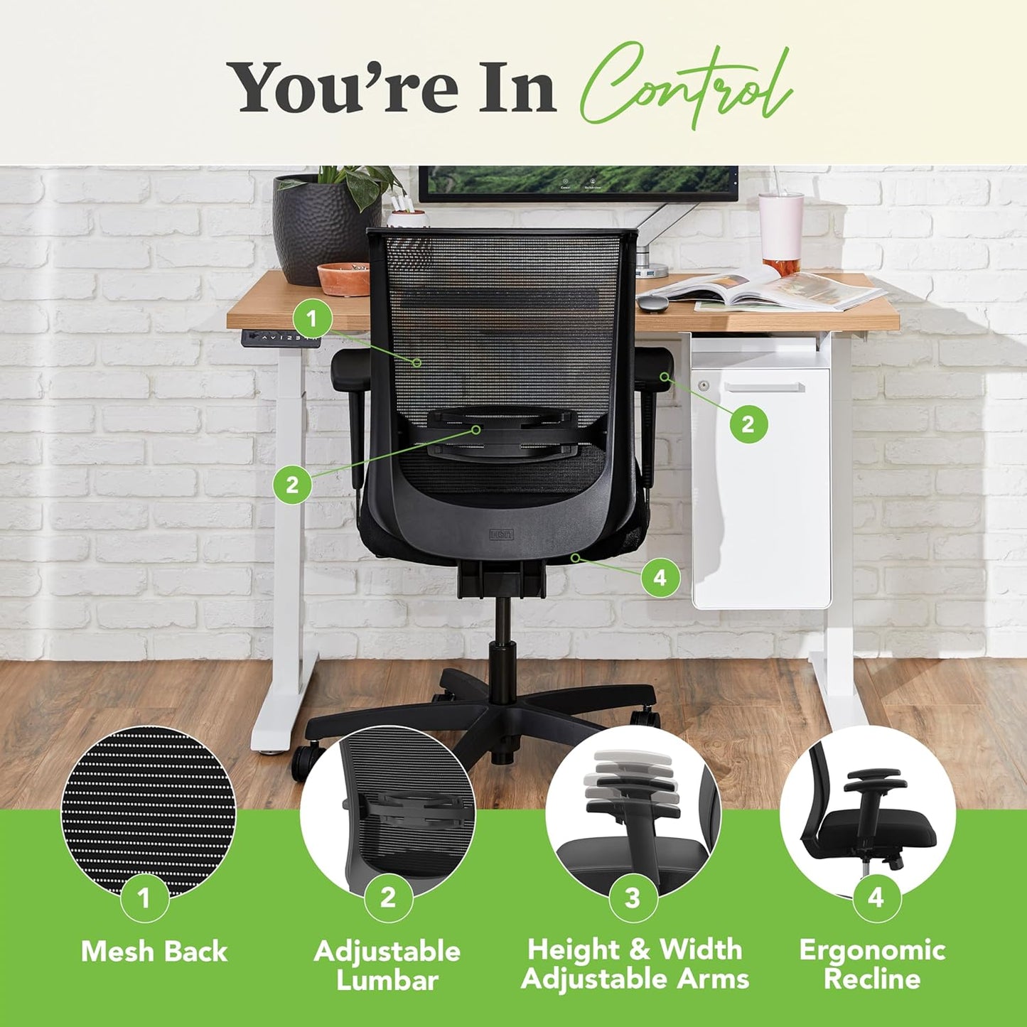 HON Convergence Ergonomic Office Chair, Breathable Back Support Mesh, Adjustable Arms, Computer Chair with Lumbar Support, Rolling Swivel Wheels, Comfortable Synchro-Tilt Recline, Fabric, Black