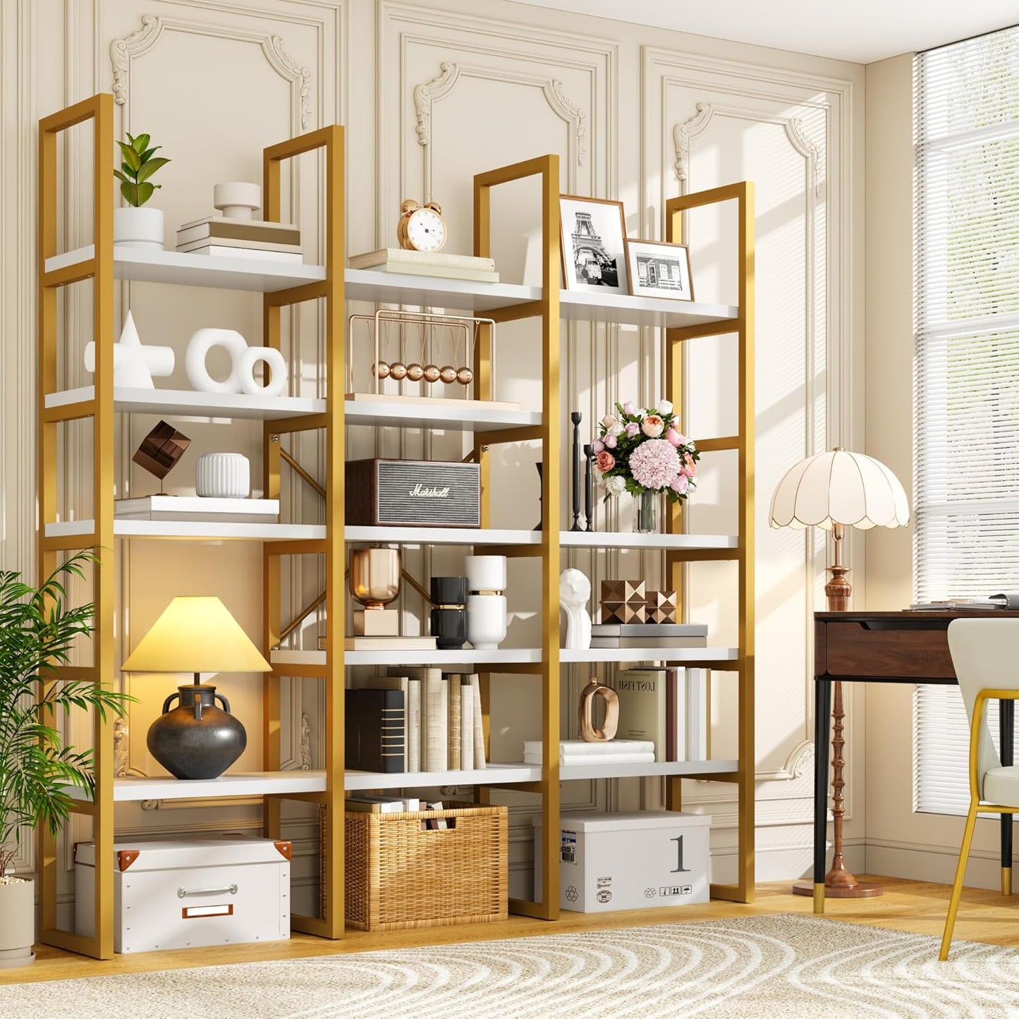Semoic Large Bookshelf 5 Tiers, Triple Wide Geometric Bookcase, 71 Inches Tall Industrial Book Shelves Etagere Book Case, Sturdy Metal Frame, Freestanding Display Shelving Unit (Gold and White)