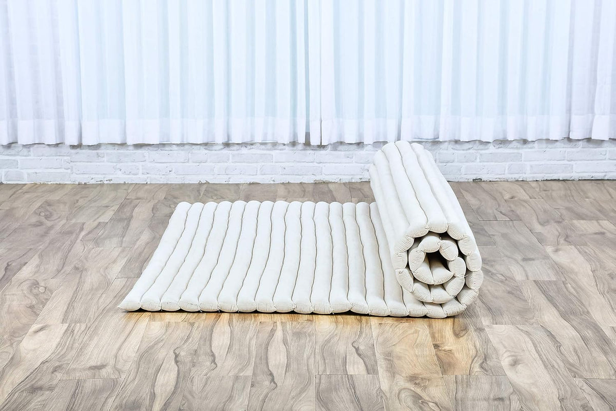 Leewadee - Foldable Floor Mattress - Japanese Roll Up Futon -Trifold Tatami Mat- Guest Floor Bed - Camping Mattress - Thai Massage Mat, Kapok Filled, 75 x 57 inches, Ecru