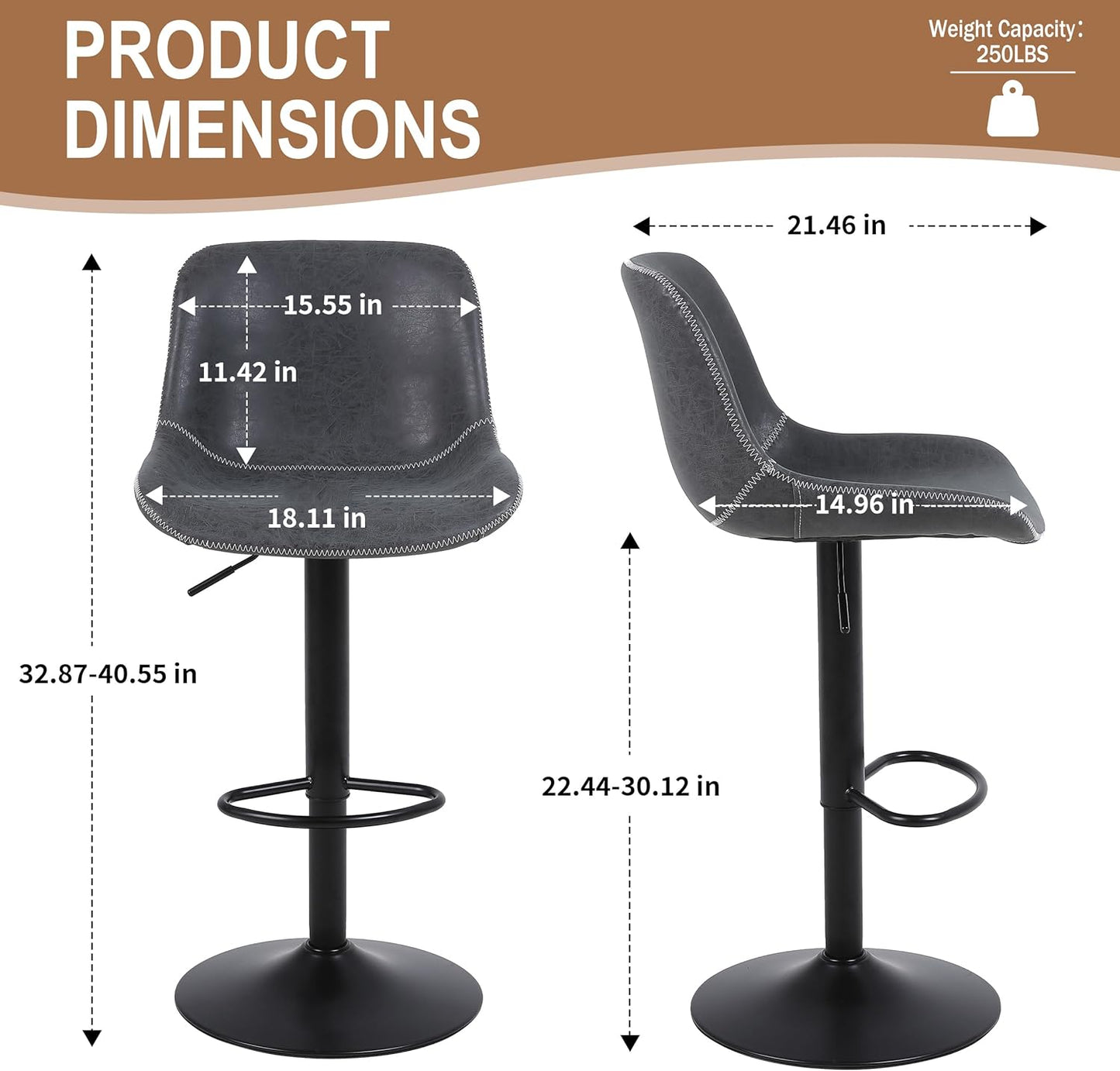Bar Stools, Swivel Counter Height Barstools with Back, Adjustable Modern Bar Chairs, Tall Armless PU Leather Kitchen Island Stool (Black 02, Set of 4)