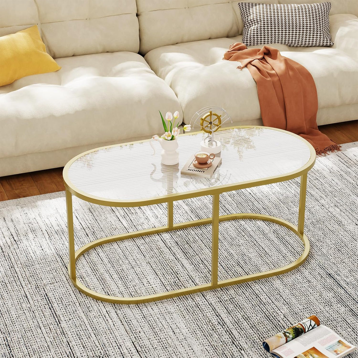 Coffee Table Gold Glass Coffee Table for Living Room, Oval Table Center Table with Ribbed Glass Top and Sturdy Metal Frame,Modern Glass Accent Tables for Bedroom Home Office