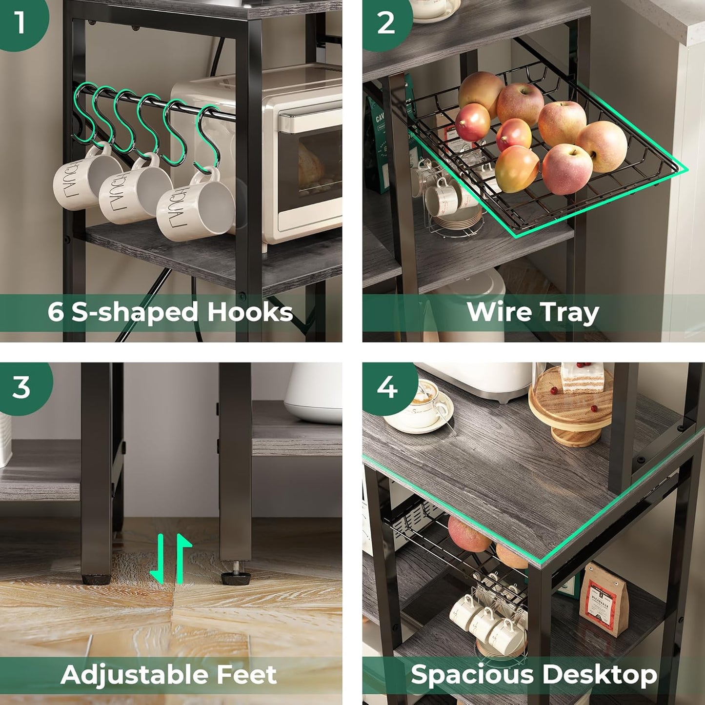 SUPERJARE Bakers Rack with Power Outlet, 35.4 Inches Coffee Bar with Wire Basket, Kitchen Microwave Stand with 6 S-Shaped Hooks, Open Storage Shelves, Charcoal Gray