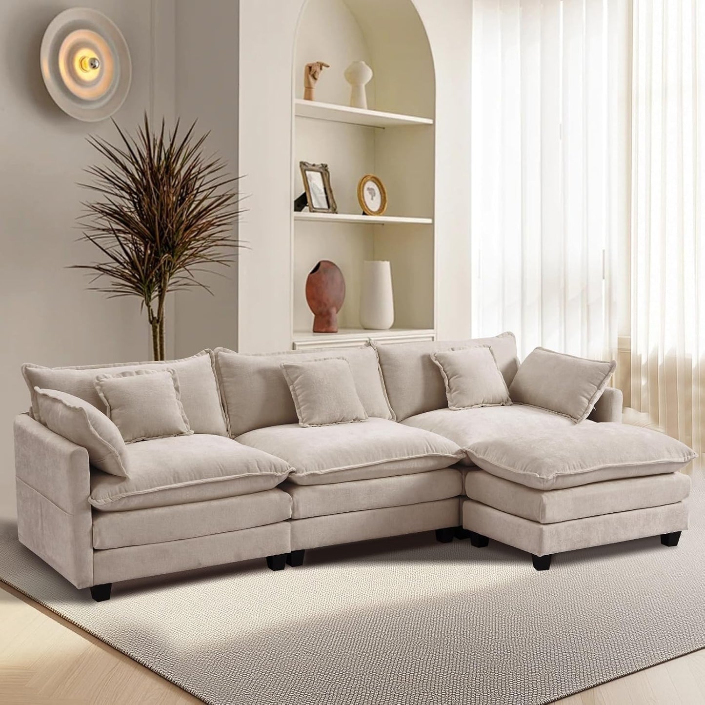 Furniliving 112‘’ L-Shaped Sofa, Luxury Chenille Modular Sectional Couches with Ottoman, Upholstered Deep Seat Sleeper Sofa with Memory Foam and Waist Pillows, Camel