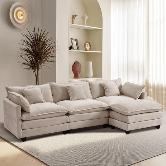 Furniliving 112‘’ L-Shaped Sofa, Luxury Chenille Modular Sectional Couches with Ottoman, Upholstered Deep Seat Sleeper Sofa with Memory Foam and Waist Pillows, Camel