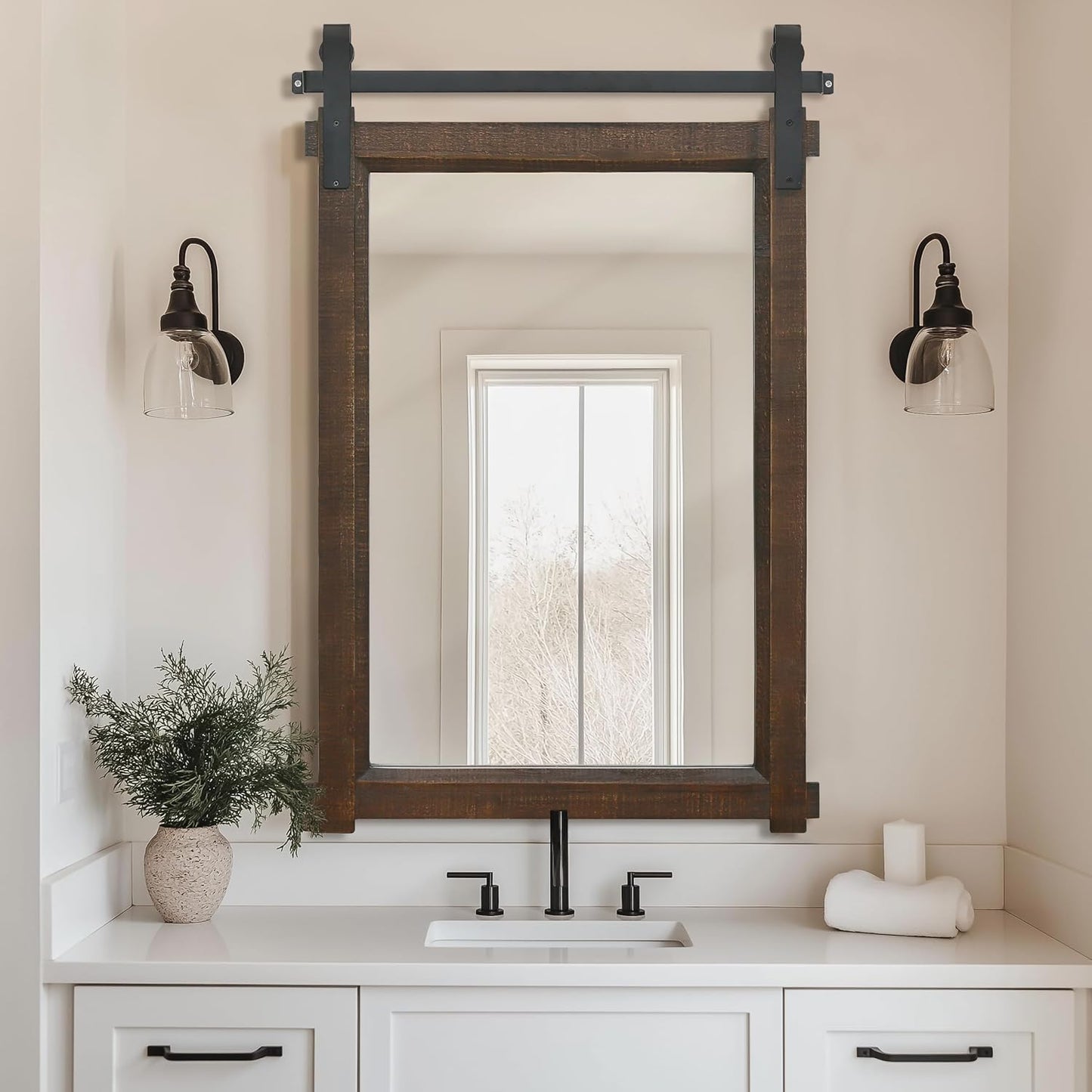 Rustic Barn Door Mirror: 24"x36" Brown Farmhouse Wood Frame - Wall Mirror for Entryway/Bathroom/Living Room Wall Decor