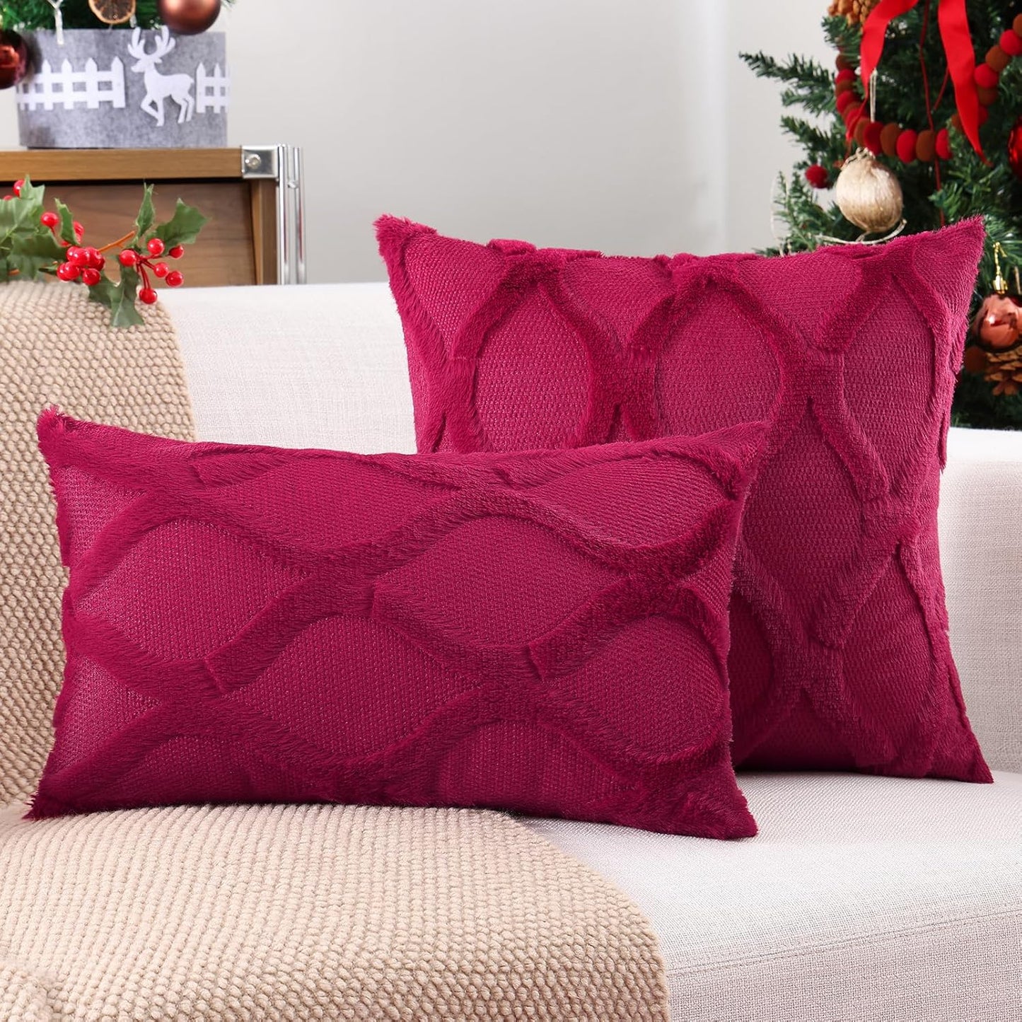 decorUhome Throw Pillow Covers 26x26 Inch Set of 2, Soft Plush Faux Fur Wool Burgundy Couch Pillow Covers, Decorative Neutral Pillow Cases for Bed Sofa Living Room Home Decor