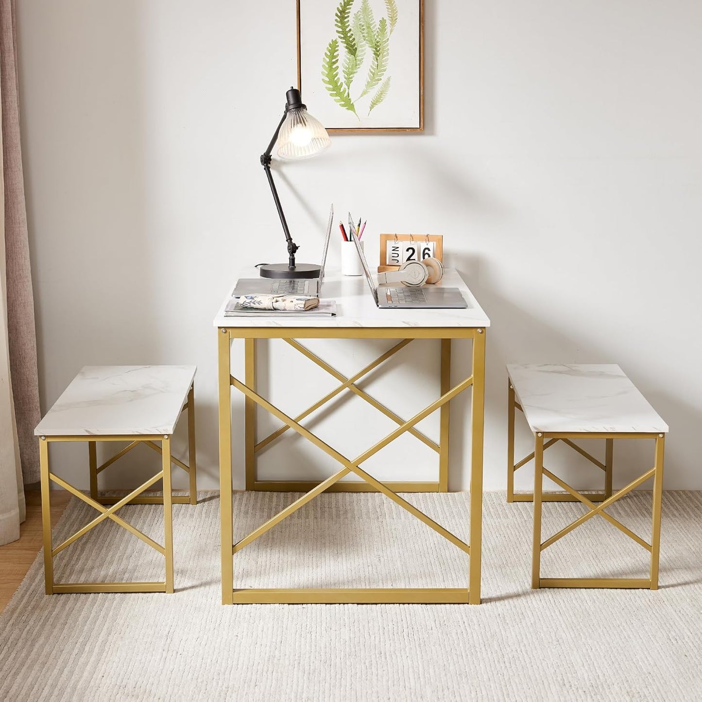 VECELO Kitchen Table with 2 Benches for 4, Wood Dining Room Dinette Sets with Metal Frame for Breakfast Nook and Small Space