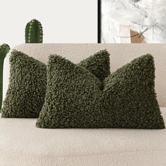 Foindtower Set of 2 Curly Teddy Wool Pillow Covers Decorative Boucle Textured Lumbar Throw Pillow Faux Fur Sherpa Pillowcases Sheepskin Fuzzy Cushion Case for Sofa Bedroom Car 12"x20" Olive Green