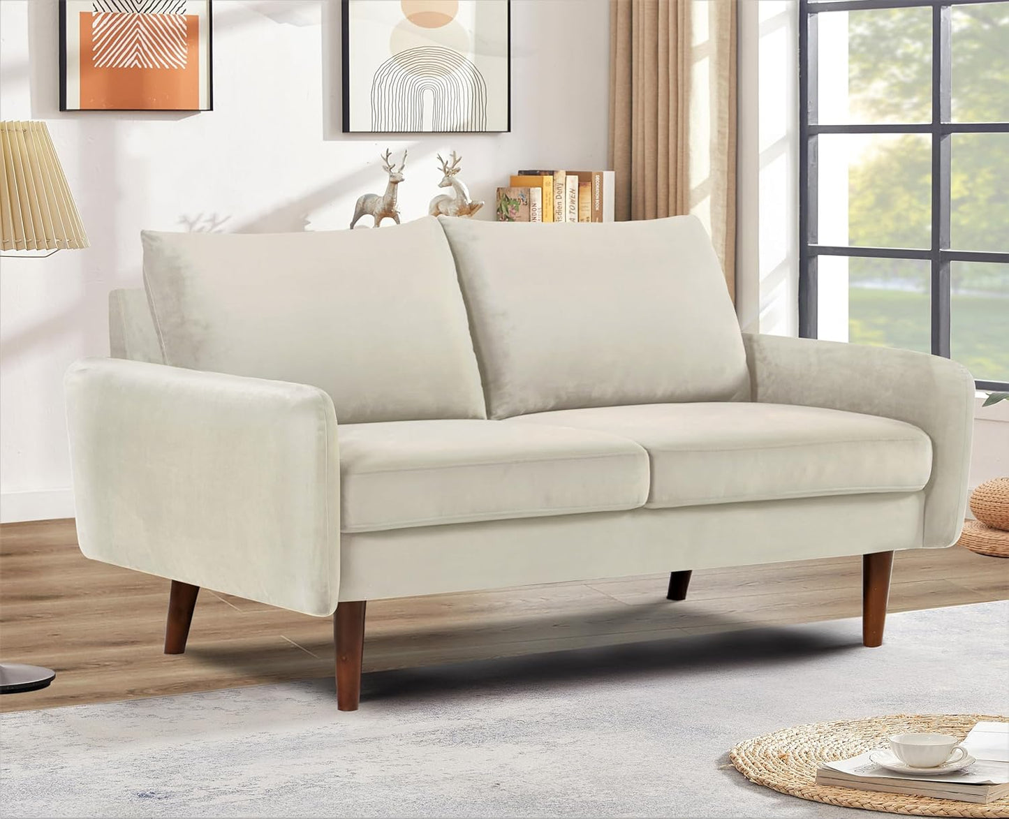 Container Furniture Direct Kent Velvet Loveseat Sofa for Modern Living Rooms and Compact Spaces, Comfy 2 Seater Couch Studio Apartment Furniture with Sleek Design, Ivory