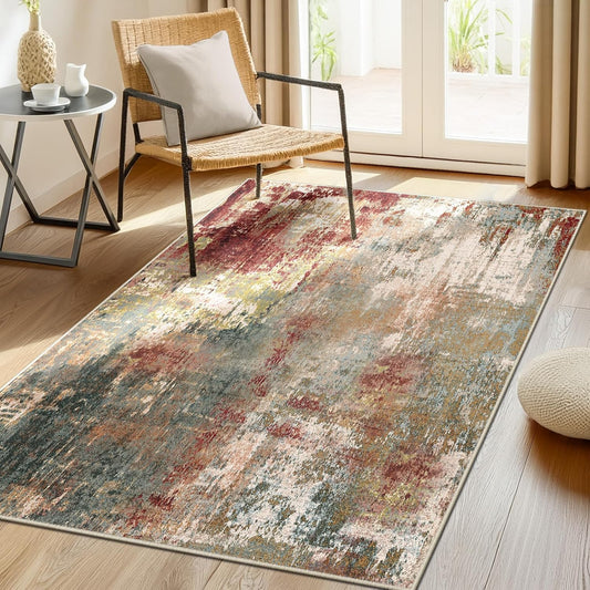 Washable Area Rugs 3'x5' Non-Slip Modern Abstract Soft for Living Room Entryway Bedroom Nursery, Print Pattern, Brown Rust Red Multi