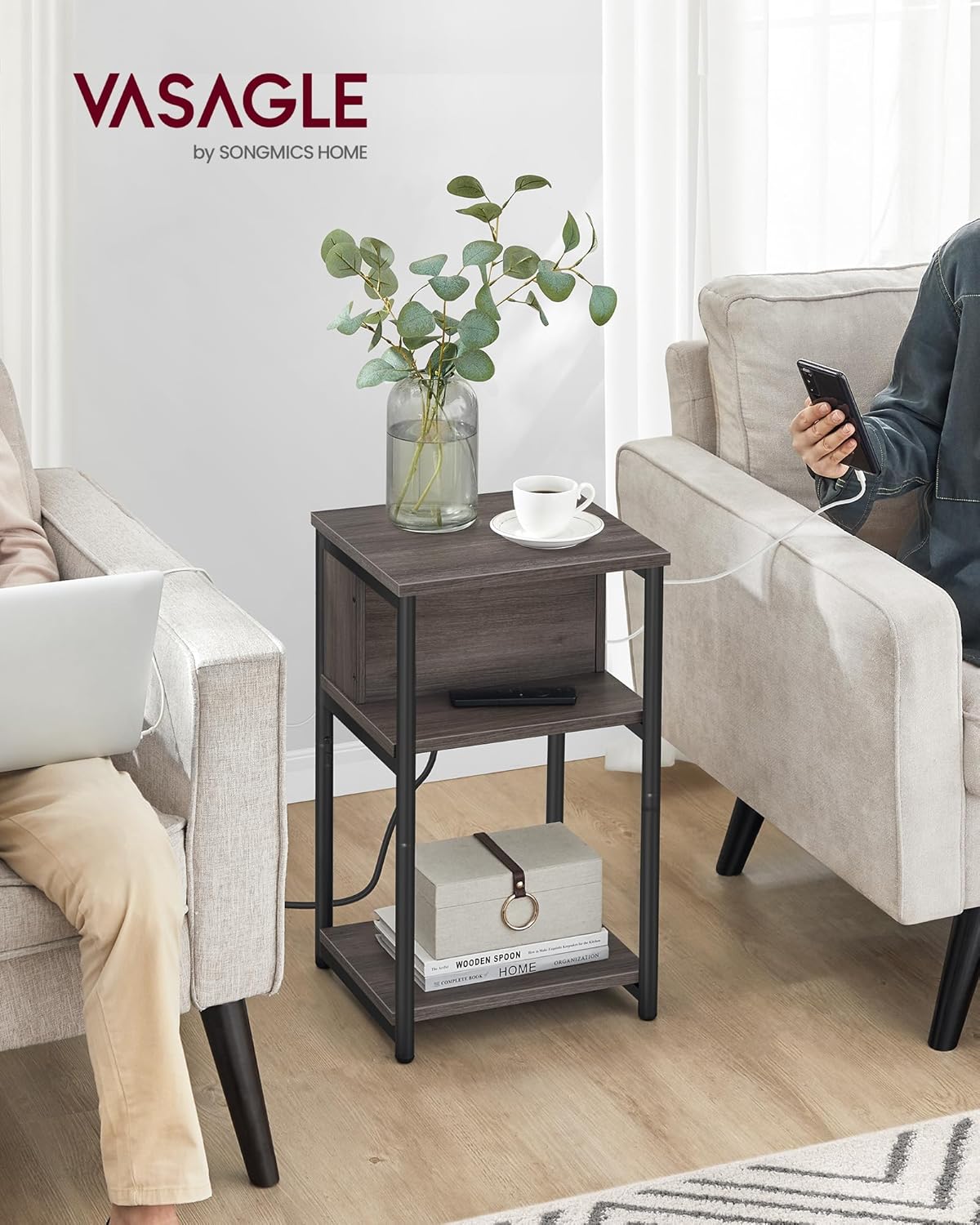 VASAGLE Side Table with Charging Station, 3-Tier End Table with USB Ports and Outlets, Nightstand for Living Room, Bedroom, 11.8 x 13.4 x 22.8 Inches, Plug-in Series, Chestnut Brown and Black