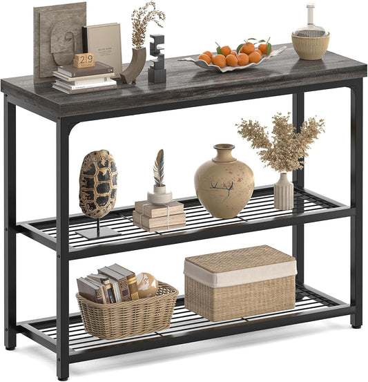 32" Small Console Table, 3-Tier Entryway Table, Sofa Table with Mesh Shelves, Console Tables for Living Room, Bedroom, Hallway, Entryway, Foyer, Grey