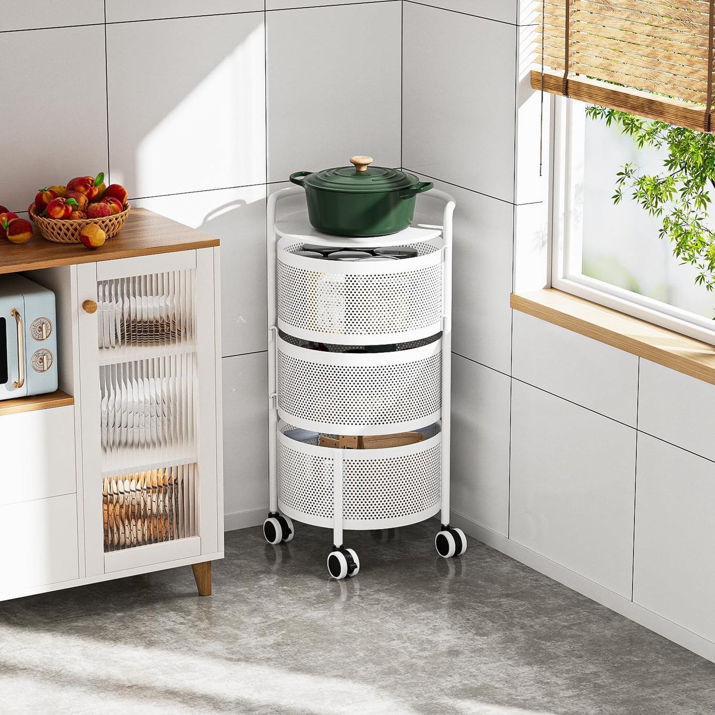 JAQ Vegetables Storage Basket, Rotating Storage Shelves Basket Carts Rack Organizer Bin on Rolling Wheels in Kitchen Household for Fruits Grocery Corns Potatos-(3-Tier,White)