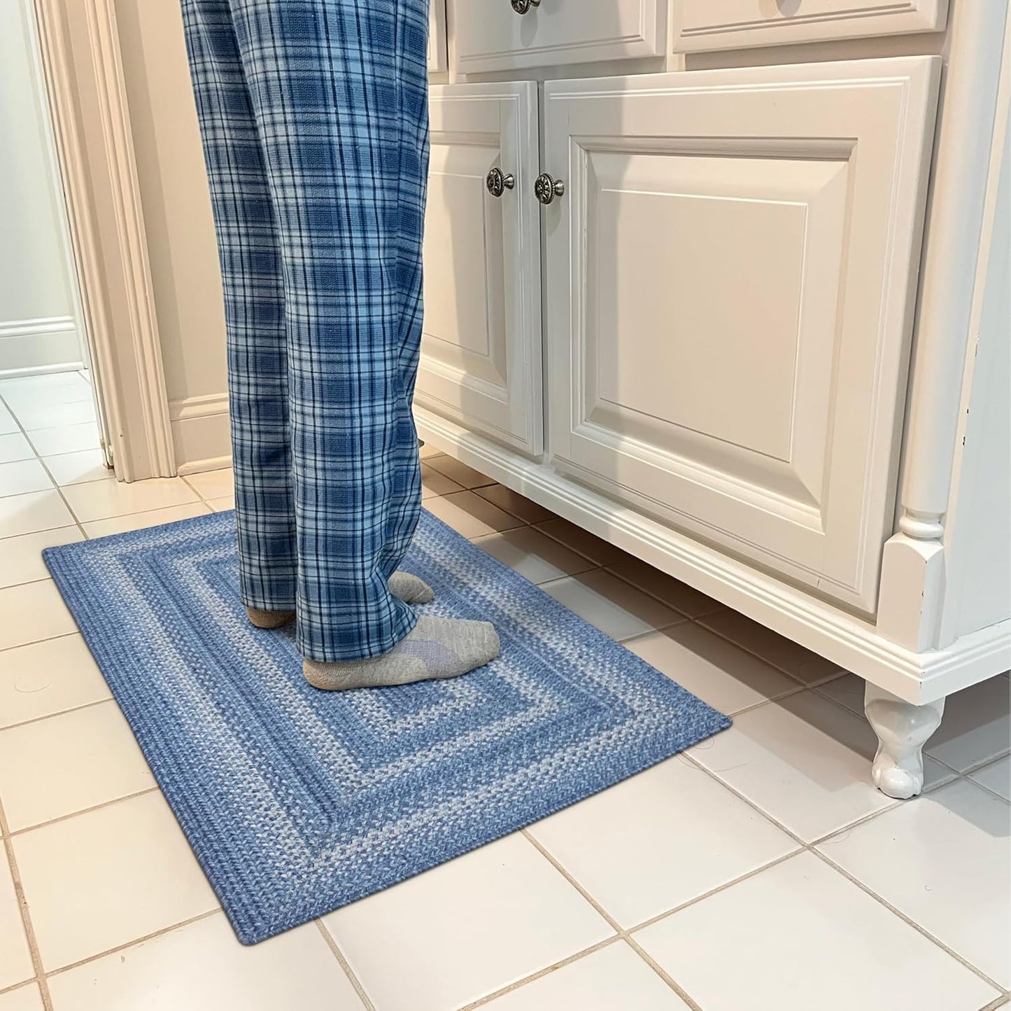Denim Blue Small Braided Rugs, 2x3' Rectangle - Handmade with Jute, Coastal Country Decor, Perfect for Laundry Rooms, Bathrooms and Entryways - Durable and Easy to Clean