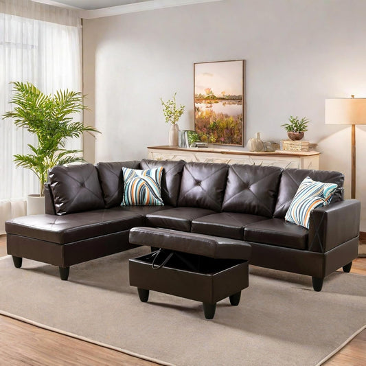 Leather Sectional Couch, Modern L Shaped Couches for Living Room, Comfy 4 Seat Modular Sectional Sofa with Ottoman Storage for Bedroom Apartment, Brown