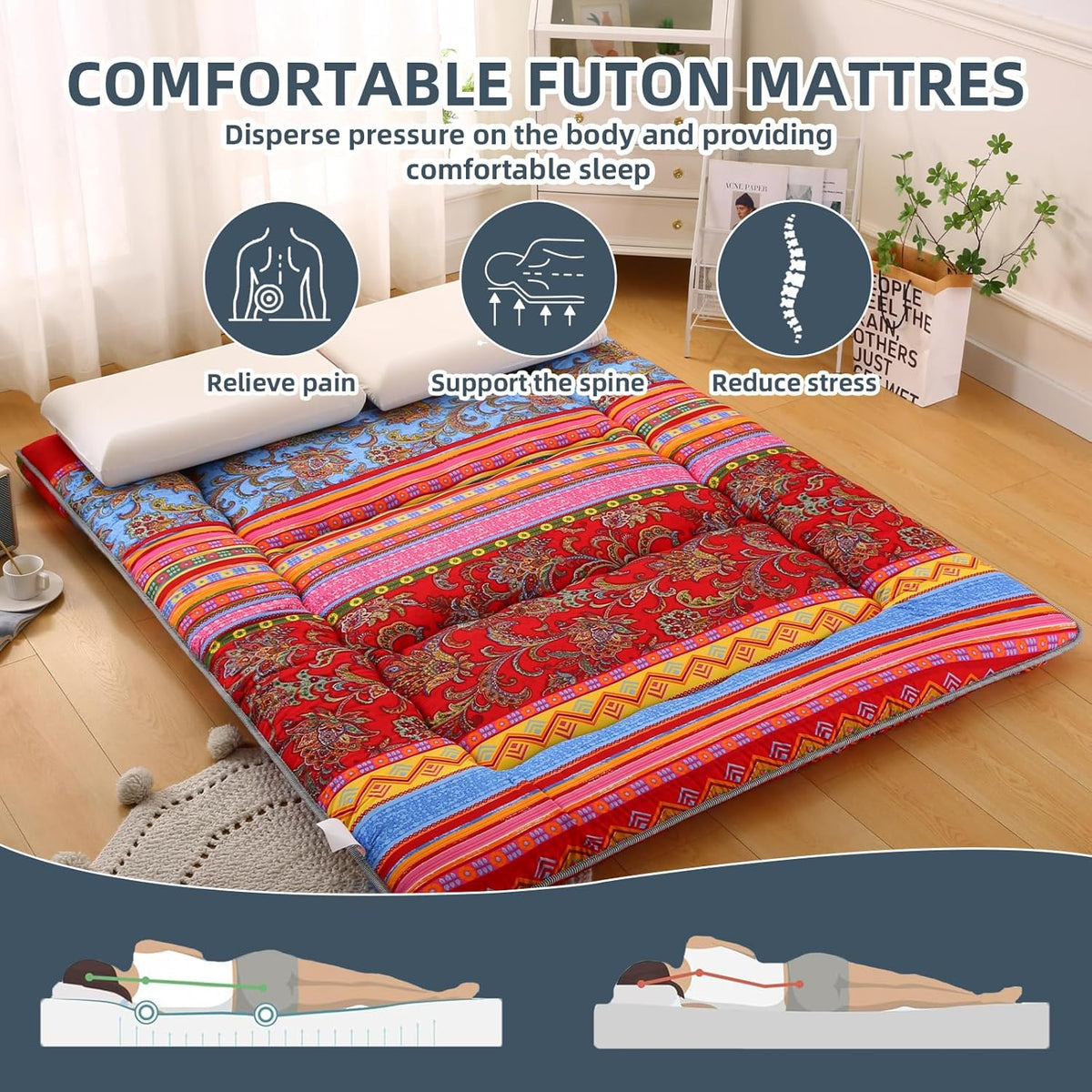 Bohemian Retro Japanese Floor Mattress, Vintage Floral Tatami Floor Mat, Portable Roll up Futon Mattress for Guest,Tavel (E,Queen80 X 60")